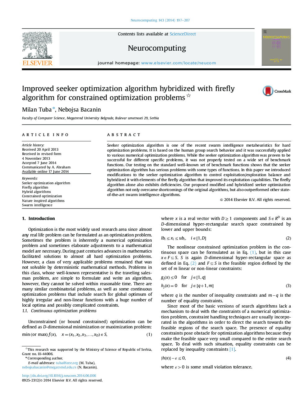 Improved seeker optimization algorithm hybridized with firefly algorithm for constrained optimization problems 