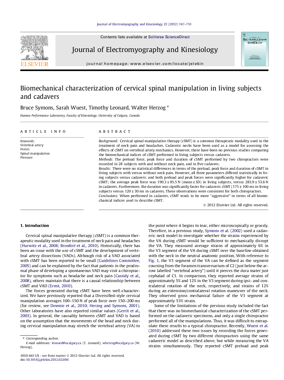 Biomechanical characterization of cervical spinal manipulation in living subjects and cadavers