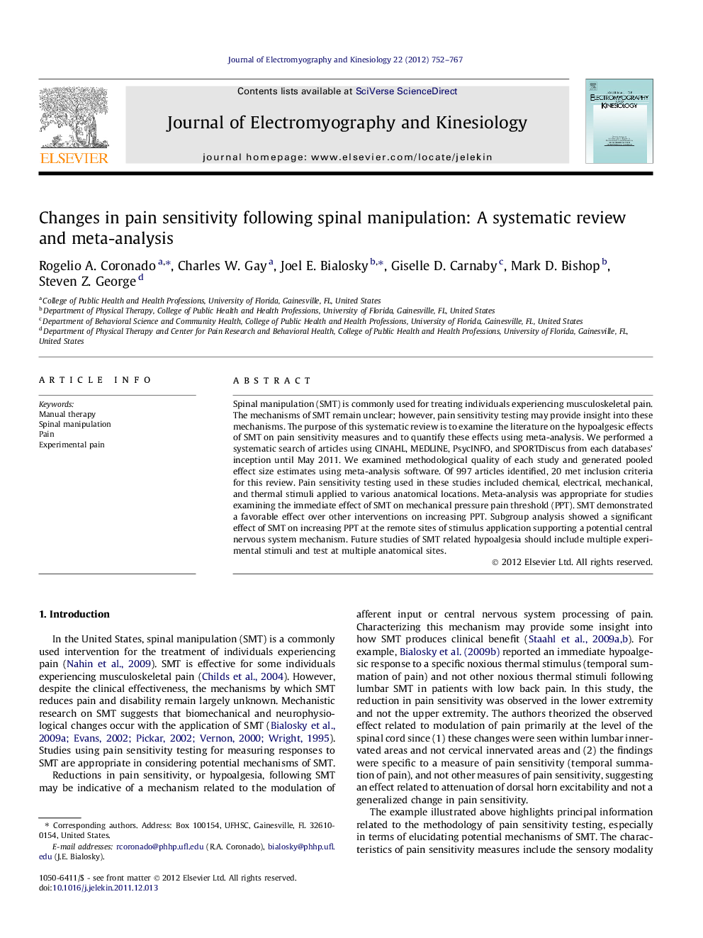 Changes in pain sensitivity following spinal manipulation: A systematic review and meta-analysis