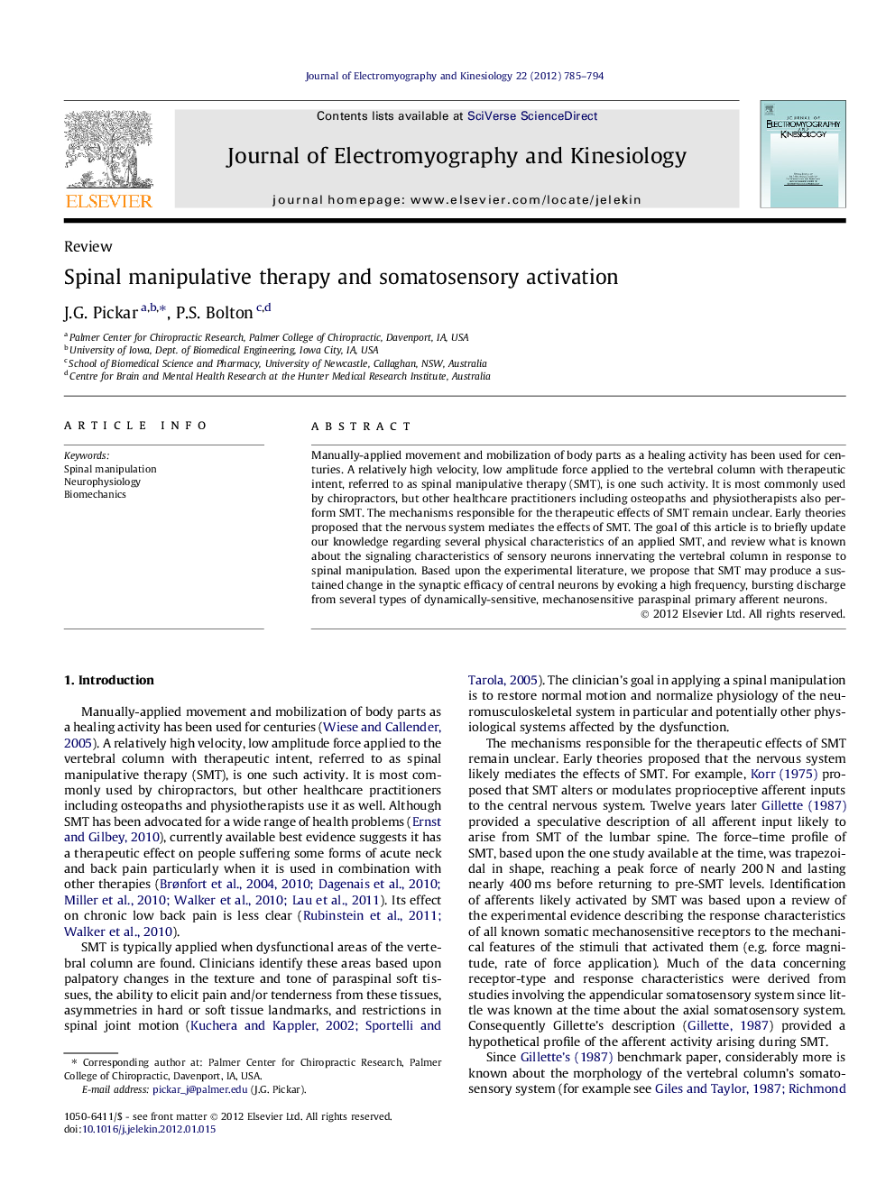 Spinal manipulative therapy and somatosensory activation