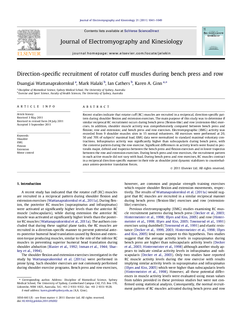 Direction-specific recruitment of rotator cuff muscles during bench press and row