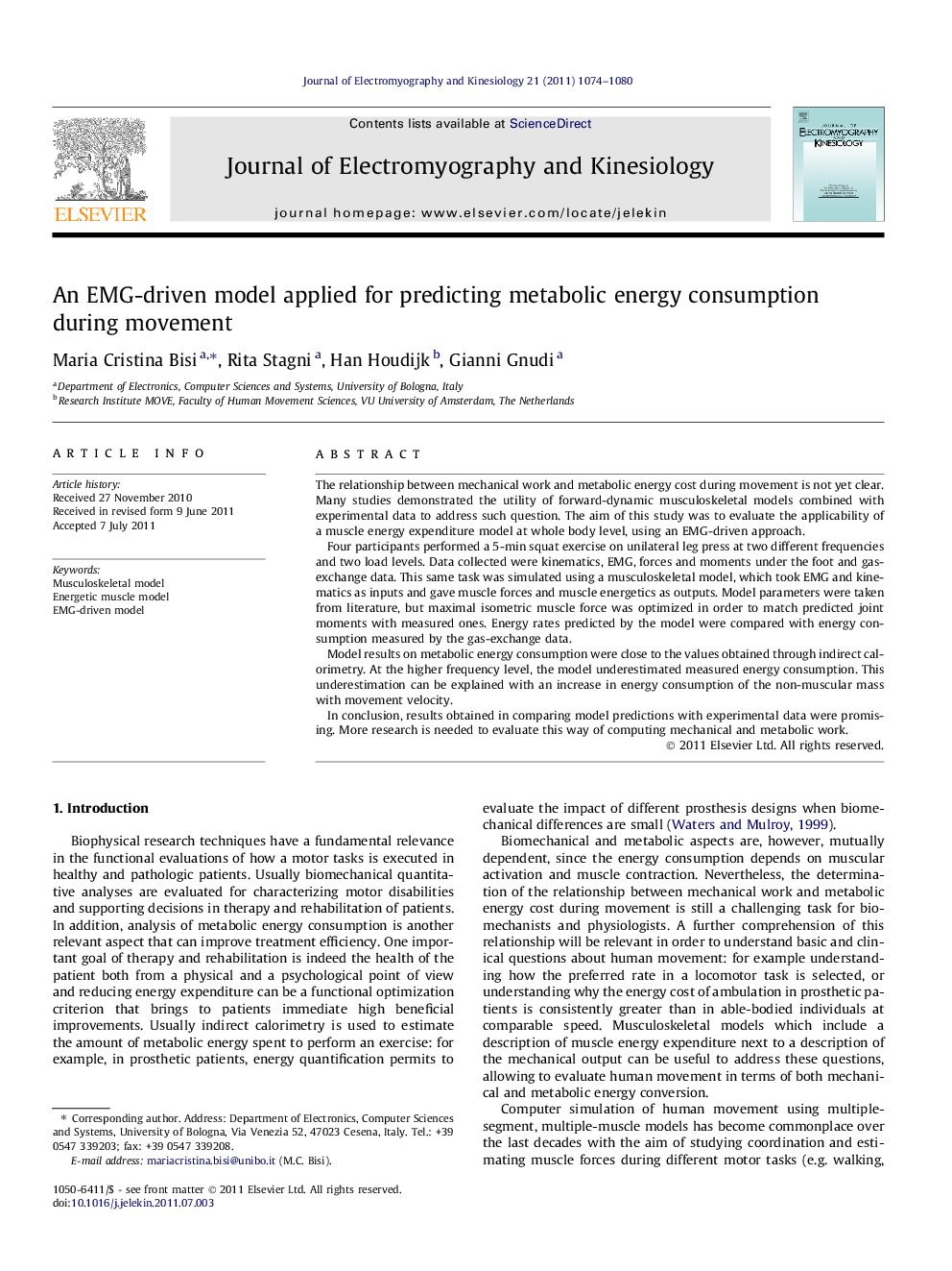 An EMG-driven model applied for predicting metabolic energy consumption during movement