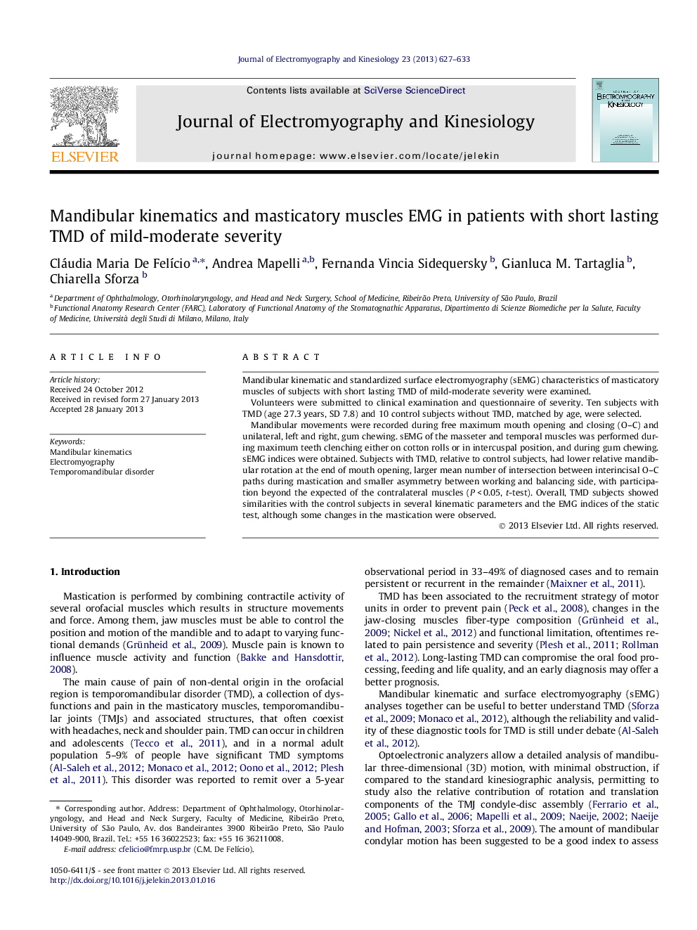 Mandibular kinematics and masticatory muscles EMG in patients with short lasting TMD of mild-moderate severity