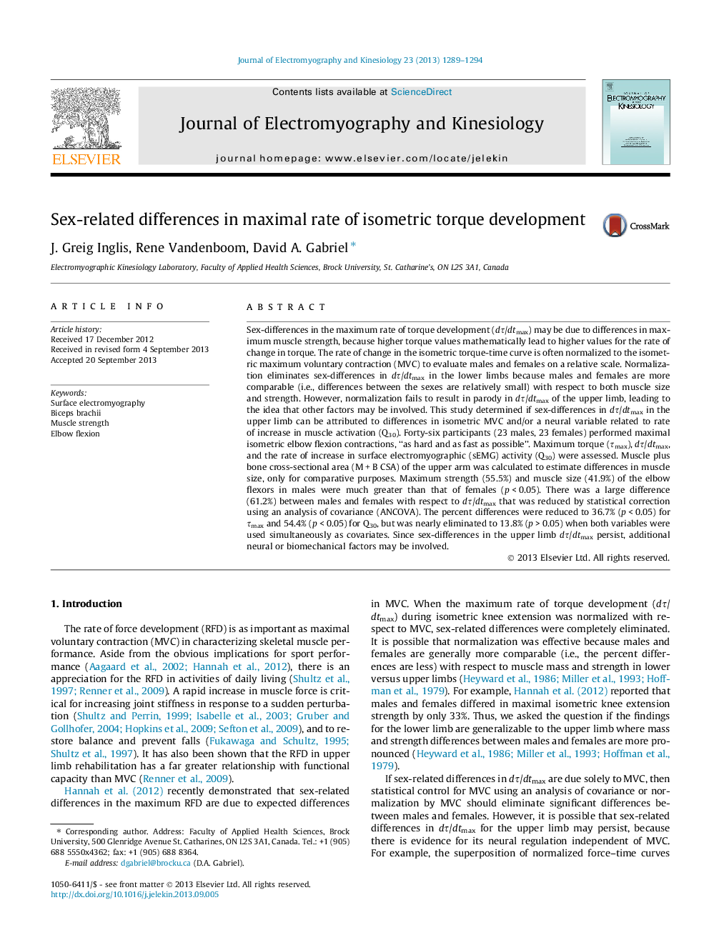 Sex-related differences in maximal rate of isometric torque development