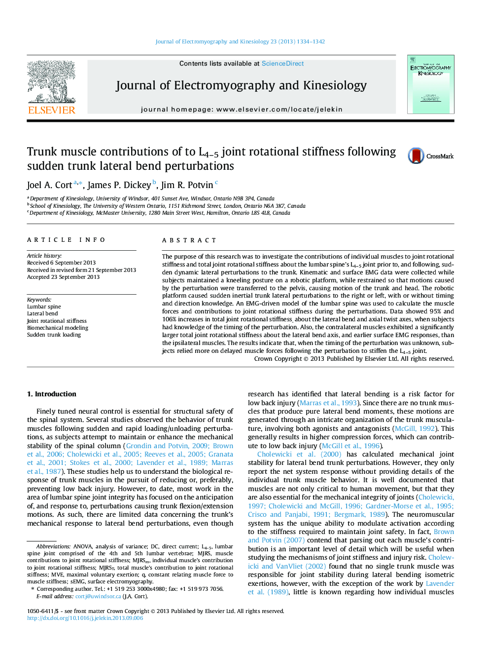 Trunk muscle contributions of to L4–5 joint rotational stiffness following sudden trunk lateral bend perturbations