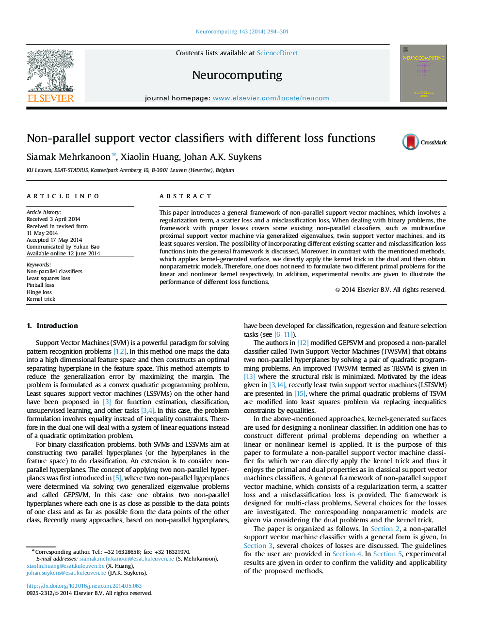 Non-parallel support vector classifiers with different loss functions