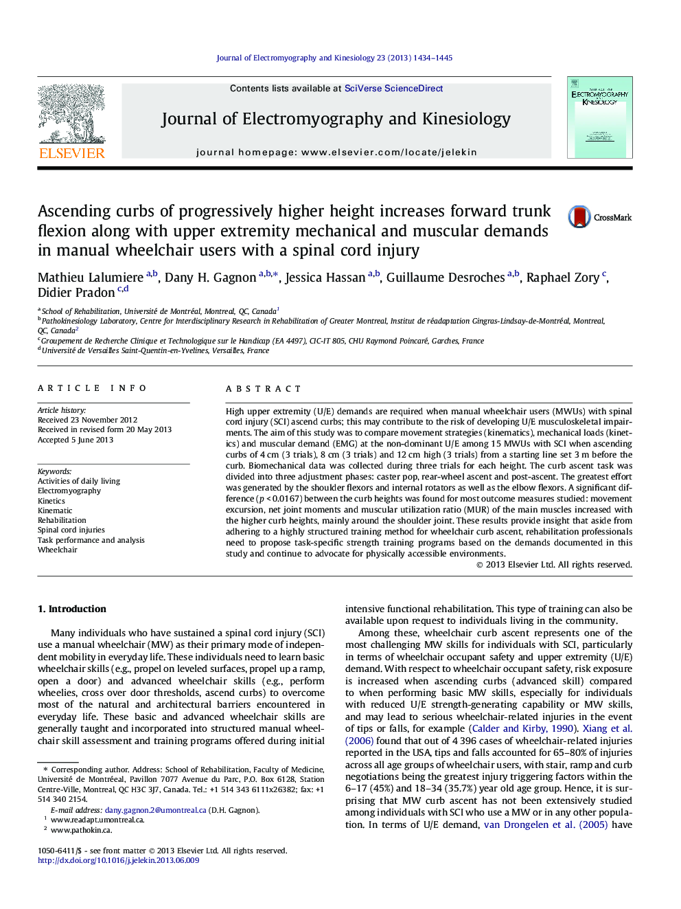 Ascending curbs of progressively higher height increases forward trunk flexion along with upper extremity mechanical and muscular demands in manual wheelchair users with a spinal cord injury