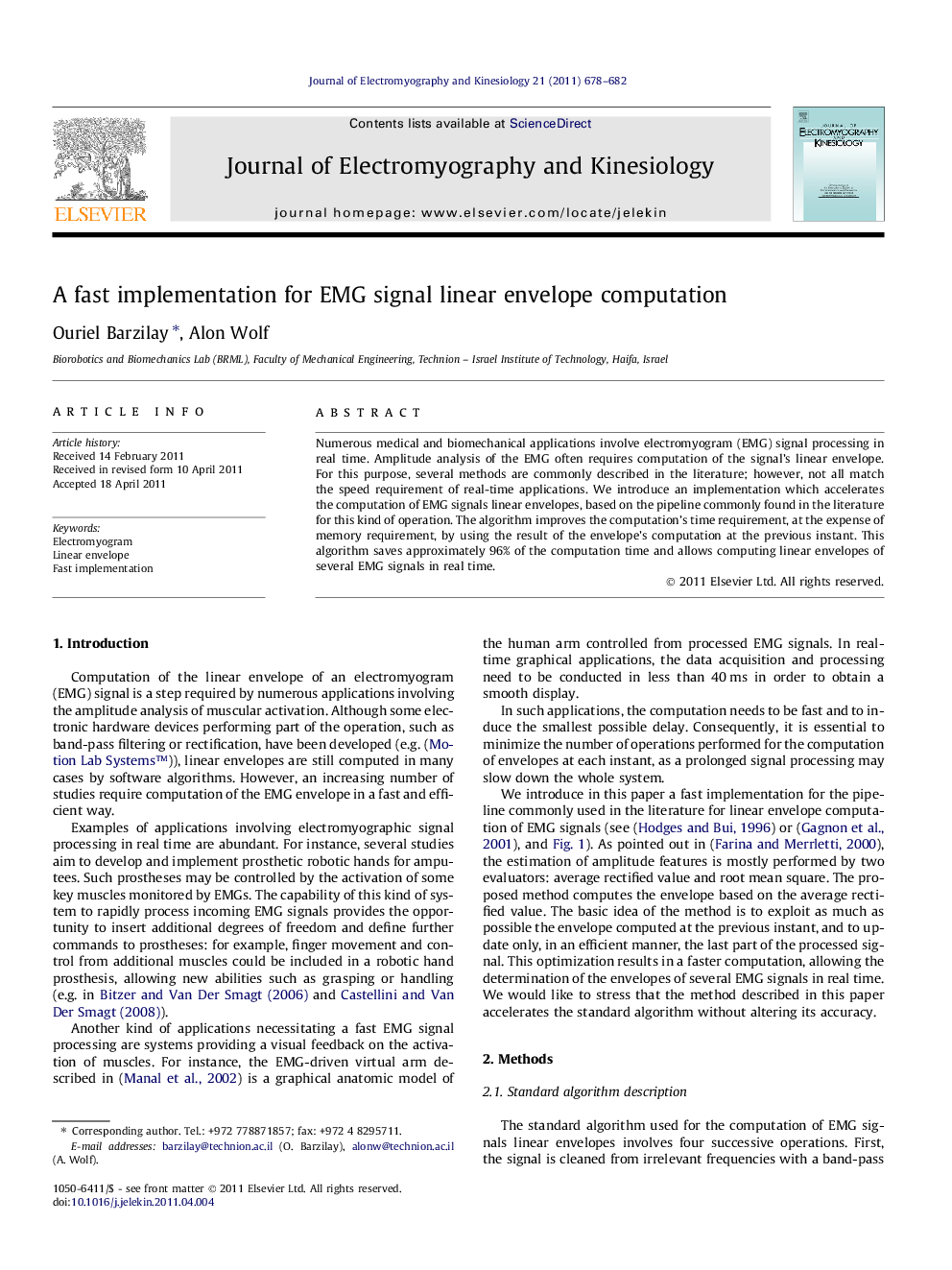 A fast implementation for EMG signal linear envelope computation