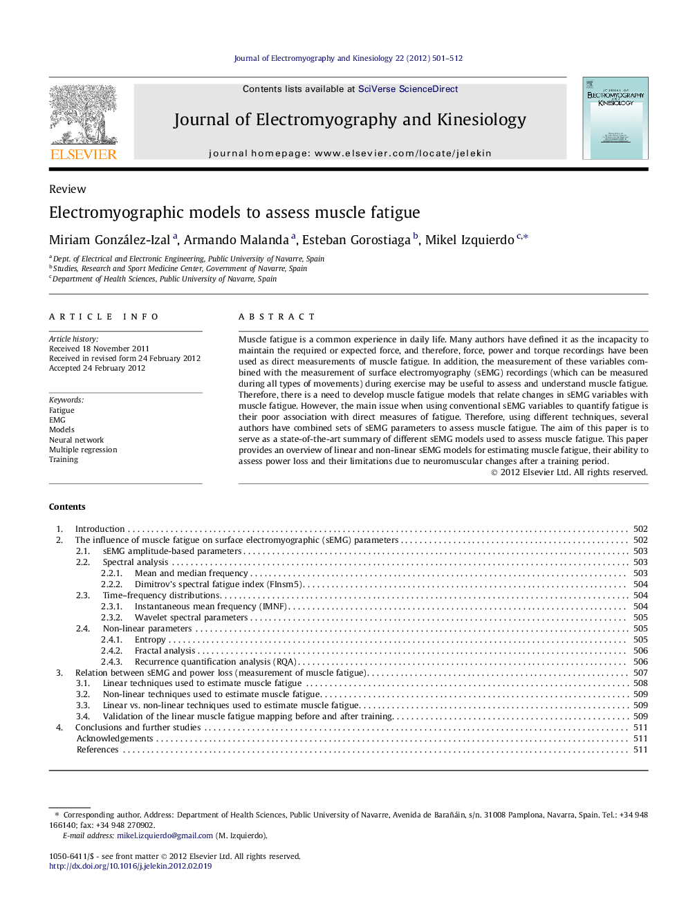 Electromyographic models to assess muscle fatigue