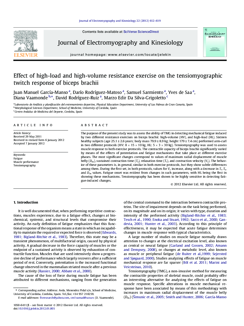 Effect of high-load and high-volume resistance exercise on the tensiomyographic twitch response of biceps brachii