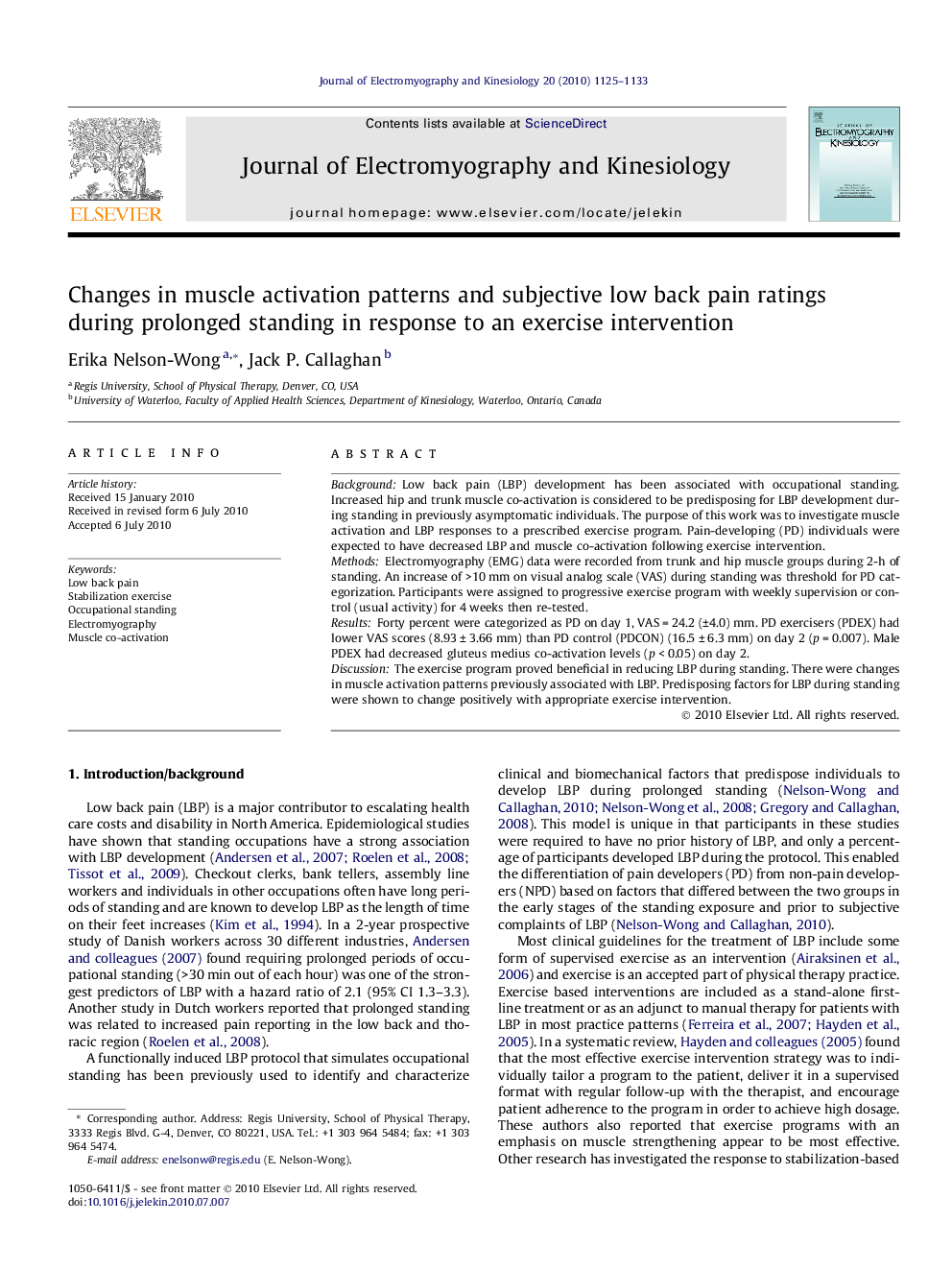 Changes in muscle activation patterns and subjective low back pain ratings during prolonged standing in response to an exercise intervention