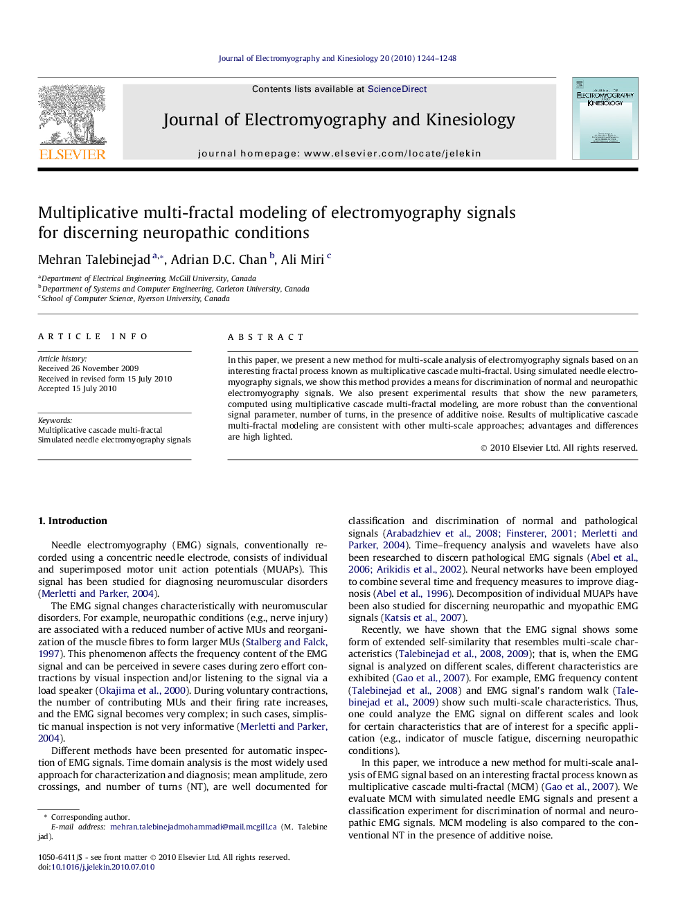 Multiplicative multi-fractal modeling of electromyography signals for discerning neuropathic conditions