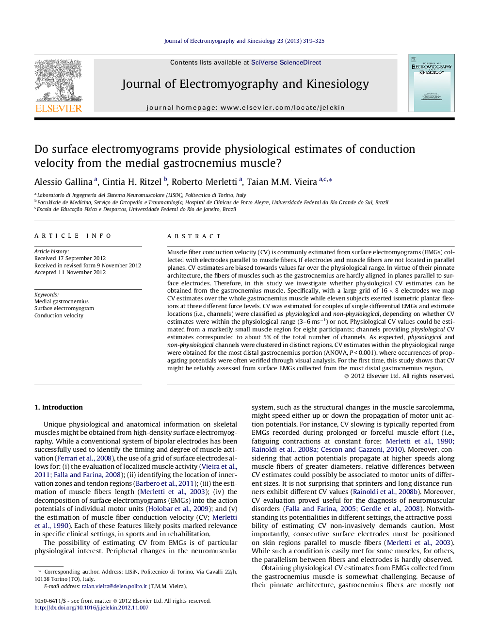 Do surface electromyograms provide physiological estimates of conduction velocity from the medial gastrocnemius muscle?