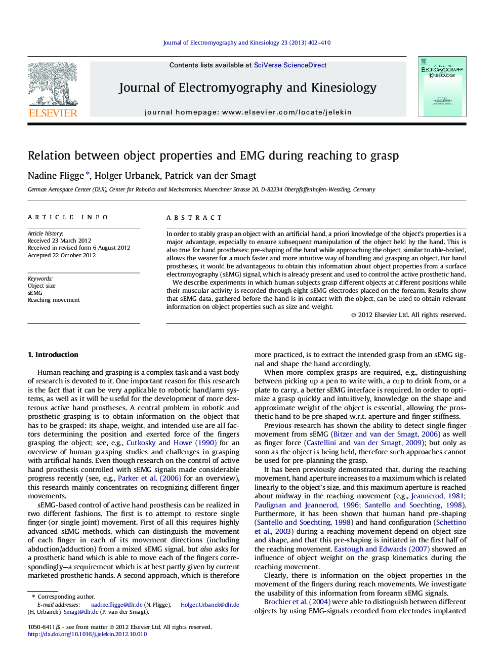 Relation between object properties and EMG during reaching to grasp