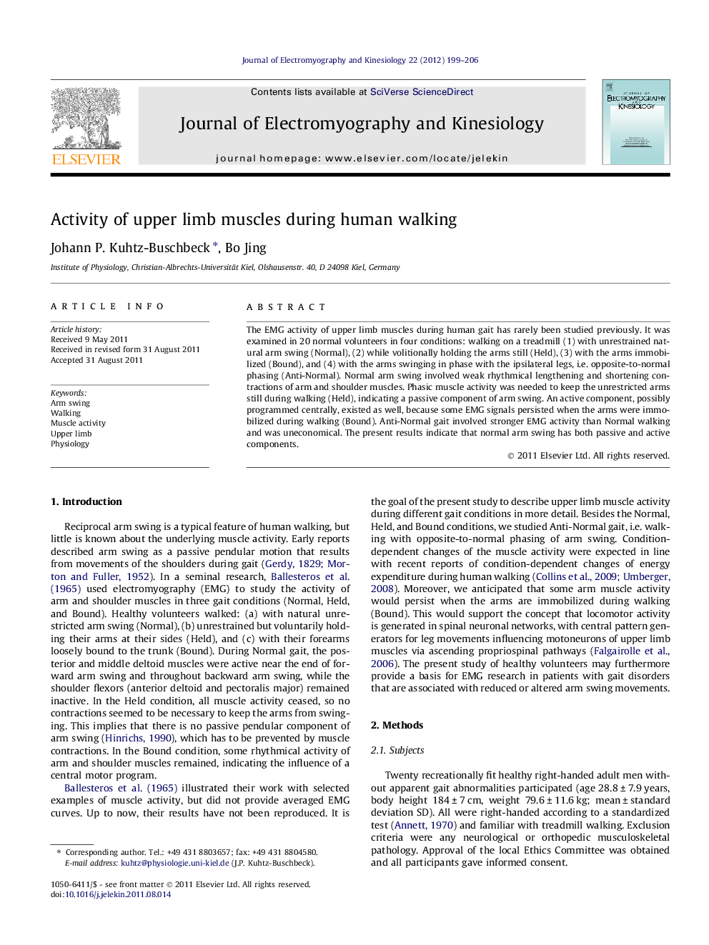 Activity of upper limb muscles during human walking