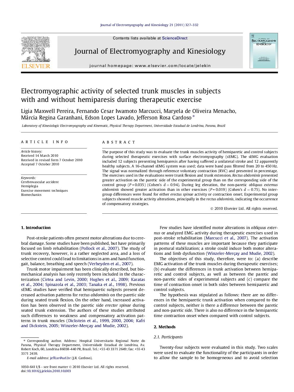 Electromyographic activity of selected trunk muscles in subjects with and without hemiparesis during therapeutic exercise