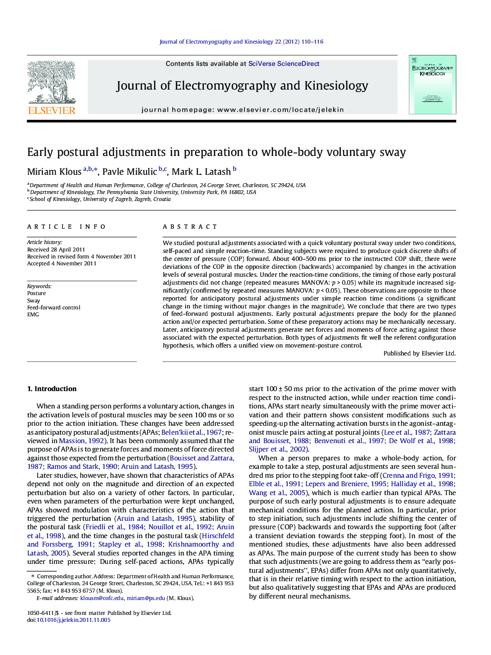 Early postural adjustments in preparation to whole-body voluntary sway