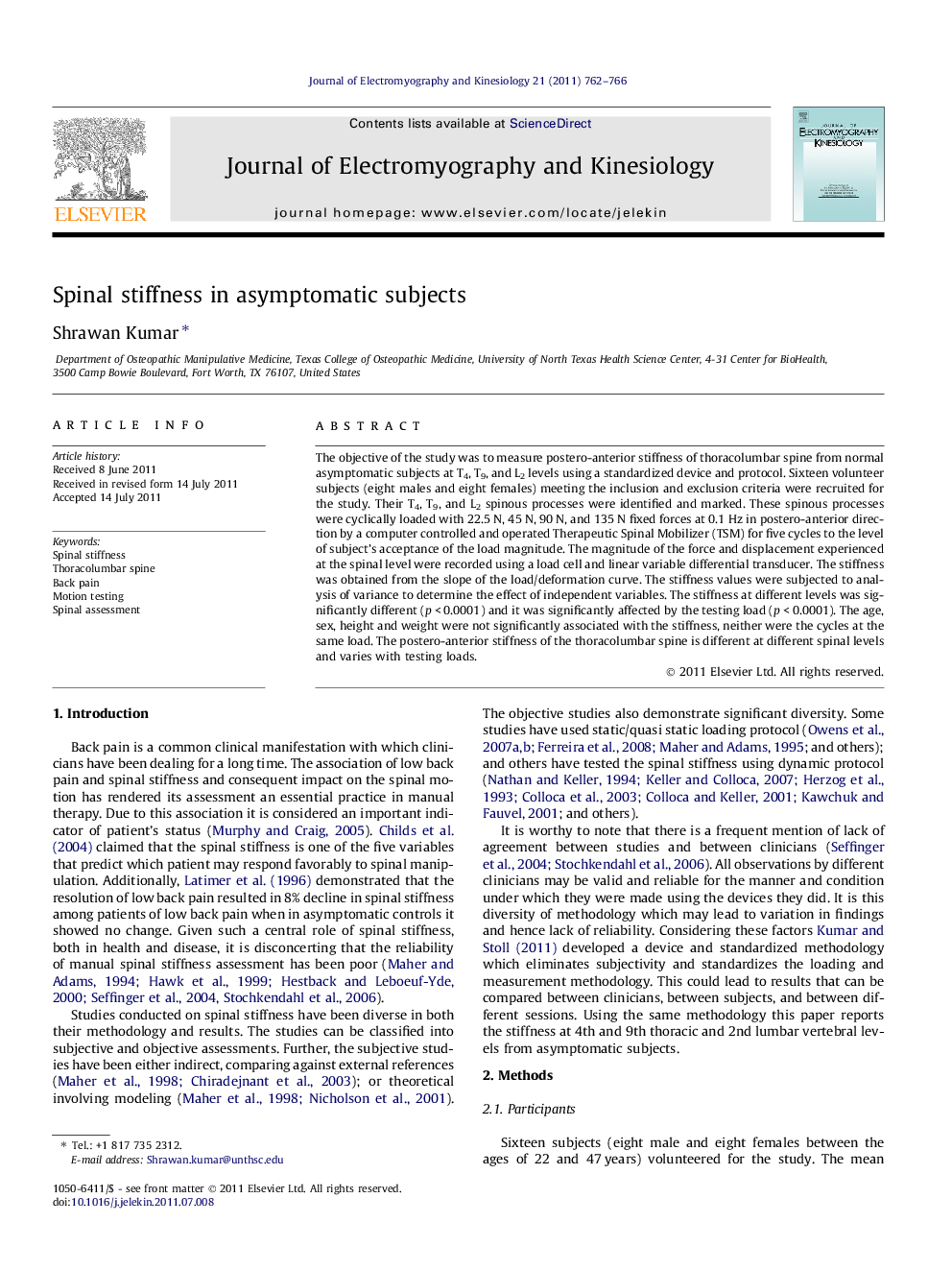 Spinal stiffness in asymptomatic subjects