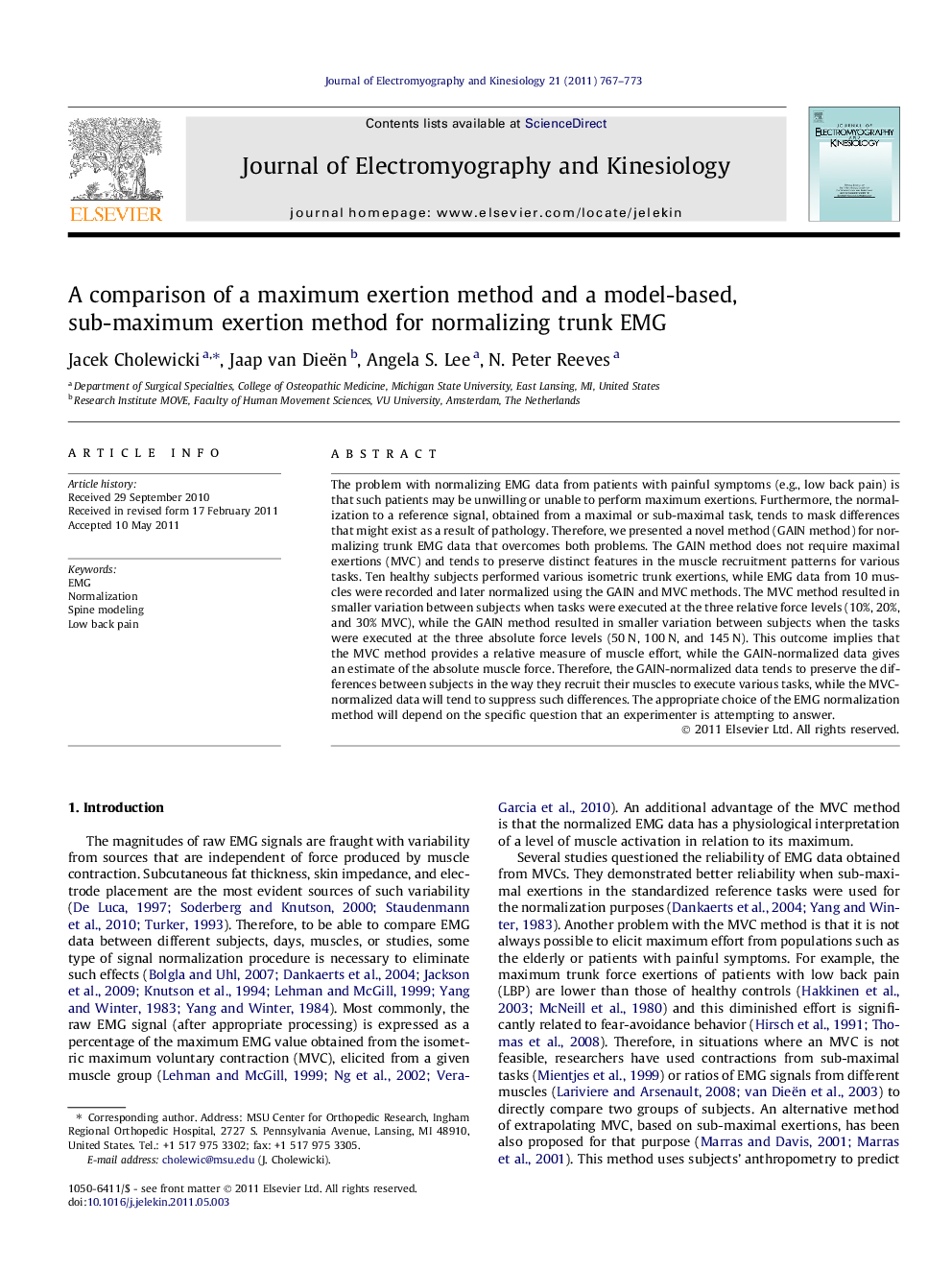 A comparison of a maximum exertion method and a model-based, sub-maximum exertion method for normalizing trunk EMG