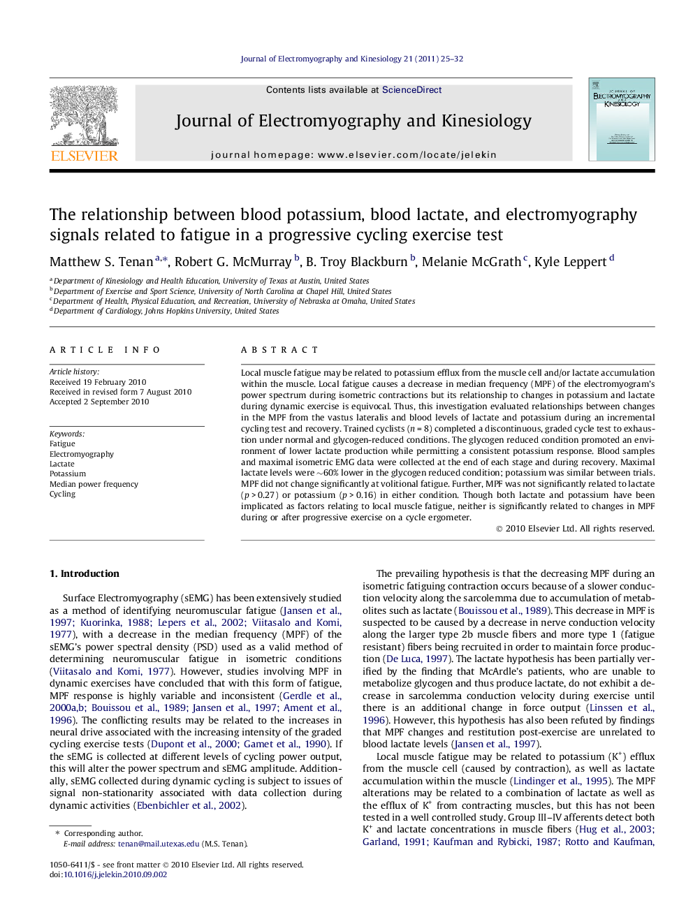 The relationship between blood potassium, blood lactate, and electromyography signals related to fatigue in a progressive cycling exercise test