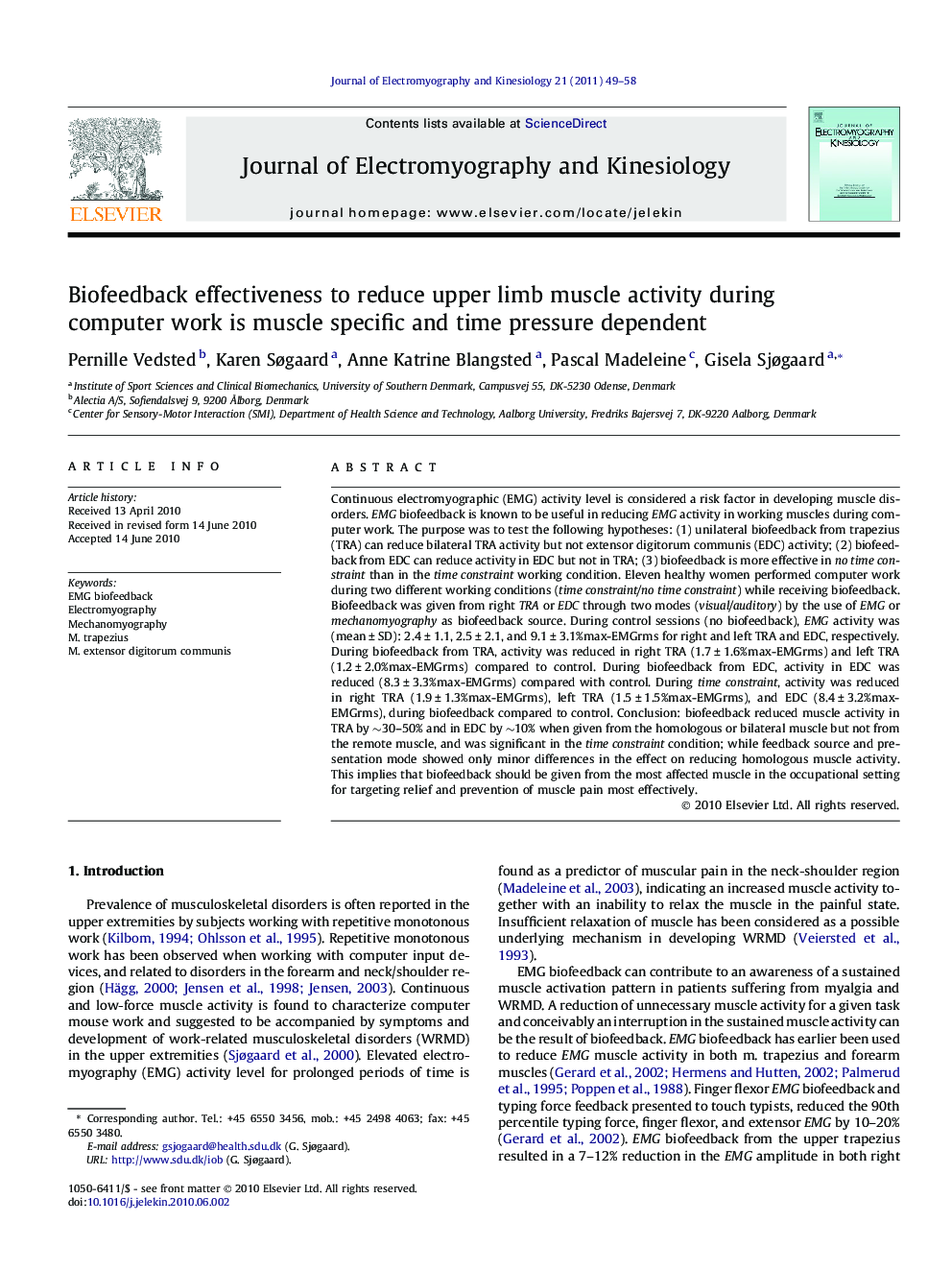 Biofeedback effectiveness to reduce upper limb muscle activity during computer work is muscle specific and time pressure dependent