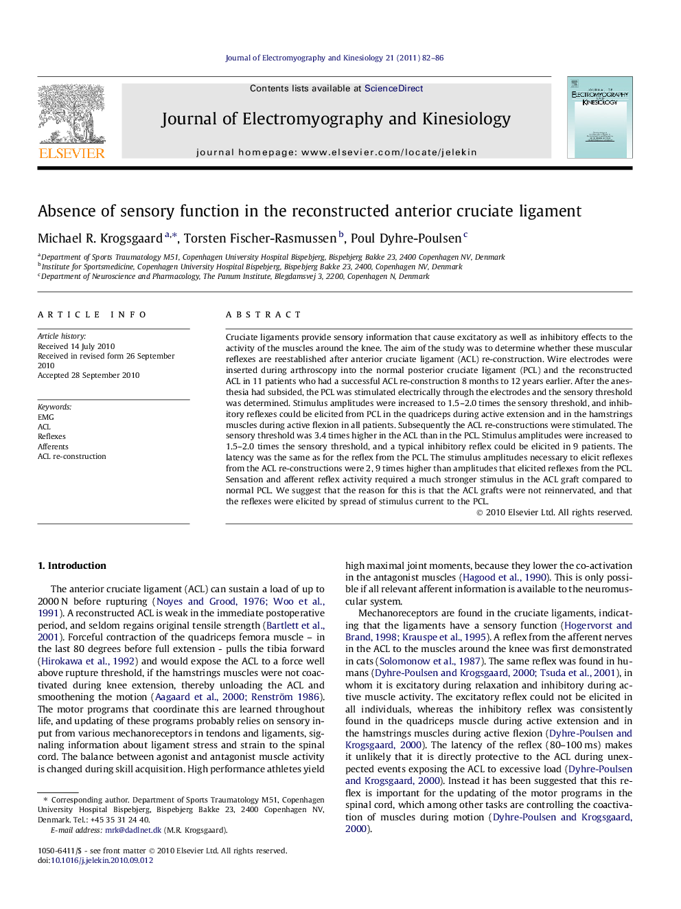 Absence of sensory function in the reconstructed anterior cruciate ligament