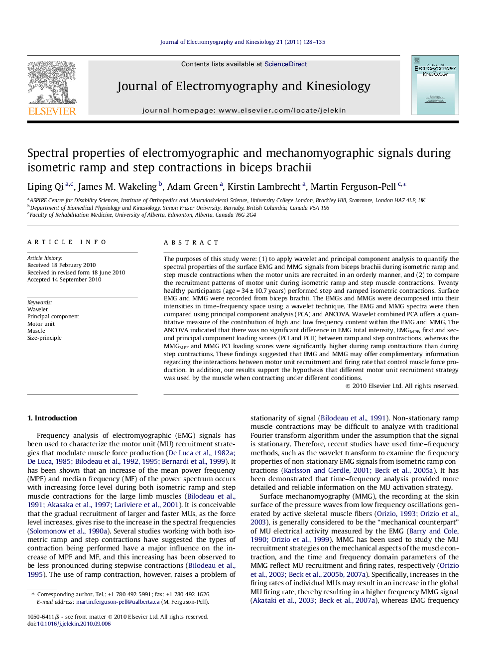 Spectral properties of electromyographic and mechanomyographic signals during isometric ramp and step contractions in biceps brachii