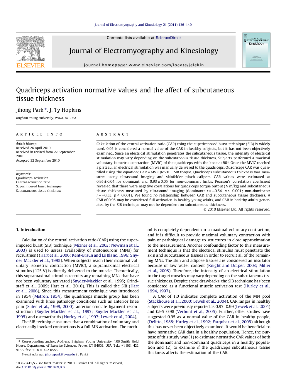 Quadriceps activation normative values and the affect of subcutaneous tissue thickness