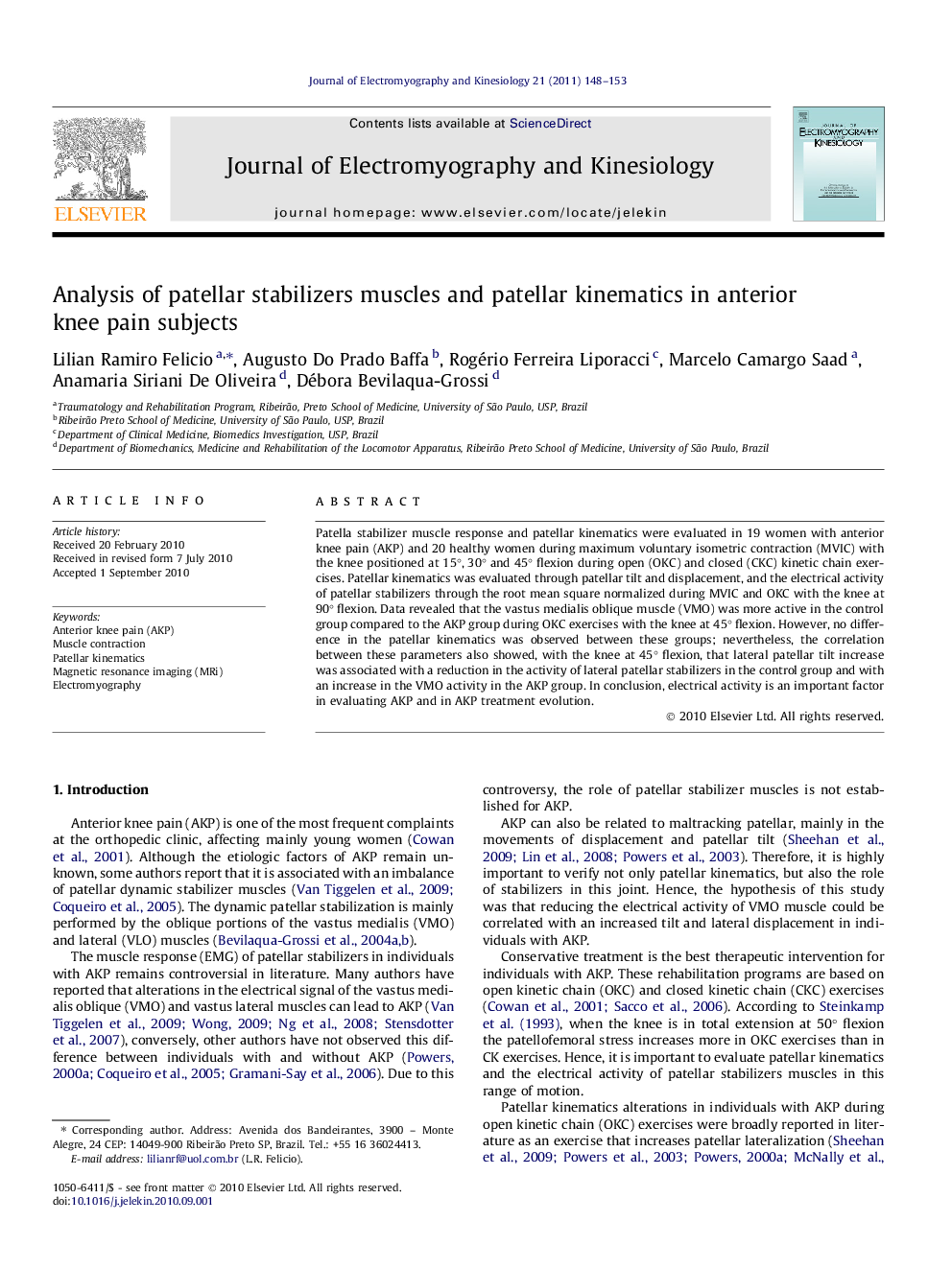 Analysis of patellar stabilizers muscles and patellar kinematics in anterior knee pain subjects