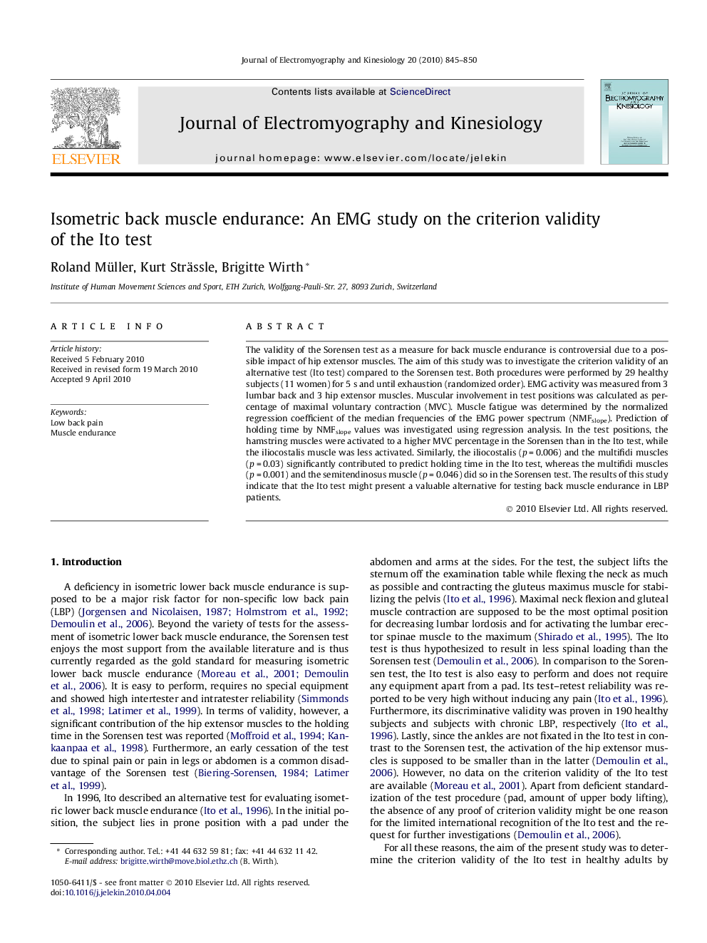 Isometric back muscle endurance: An EMG study on the criterion validity of the Ito test