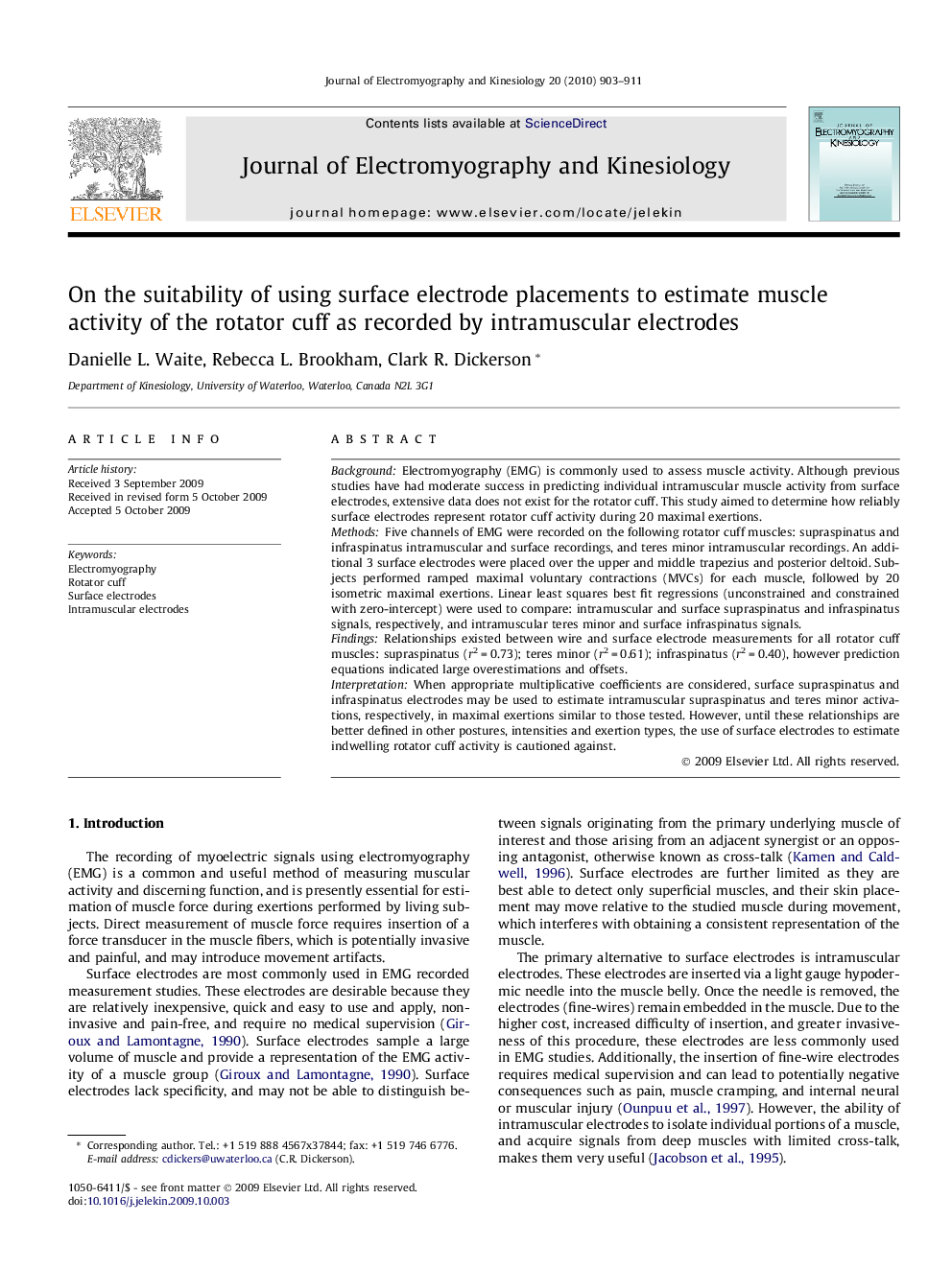 On the suitability of using surface electrode placements to estimate muscle activity of the rotator cuff as recorded by intramuscular electrodes