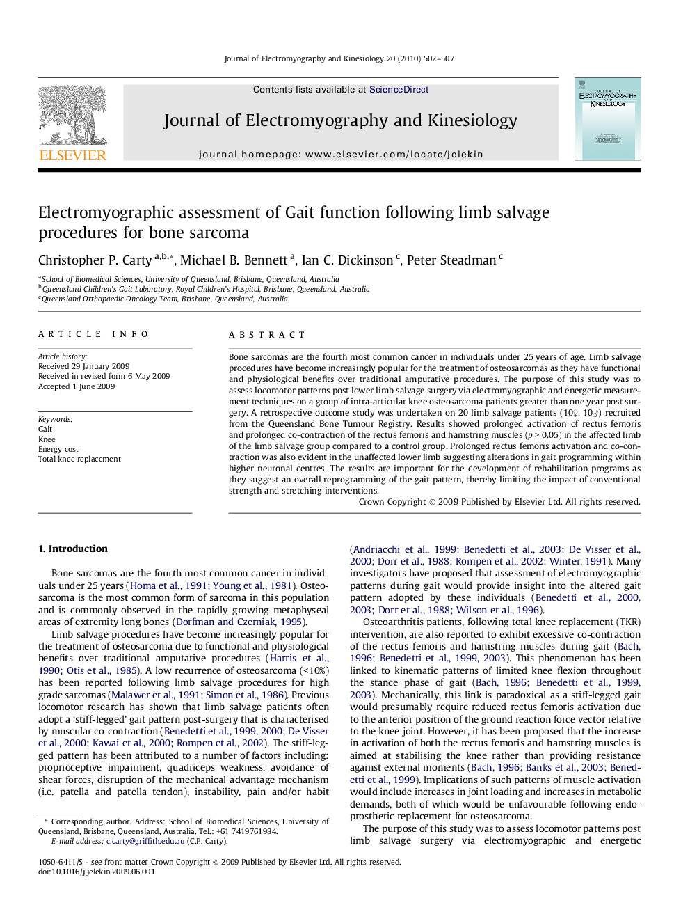 Electromyographic assessment of Gait function following limb salvage procedures for bone sarcoma