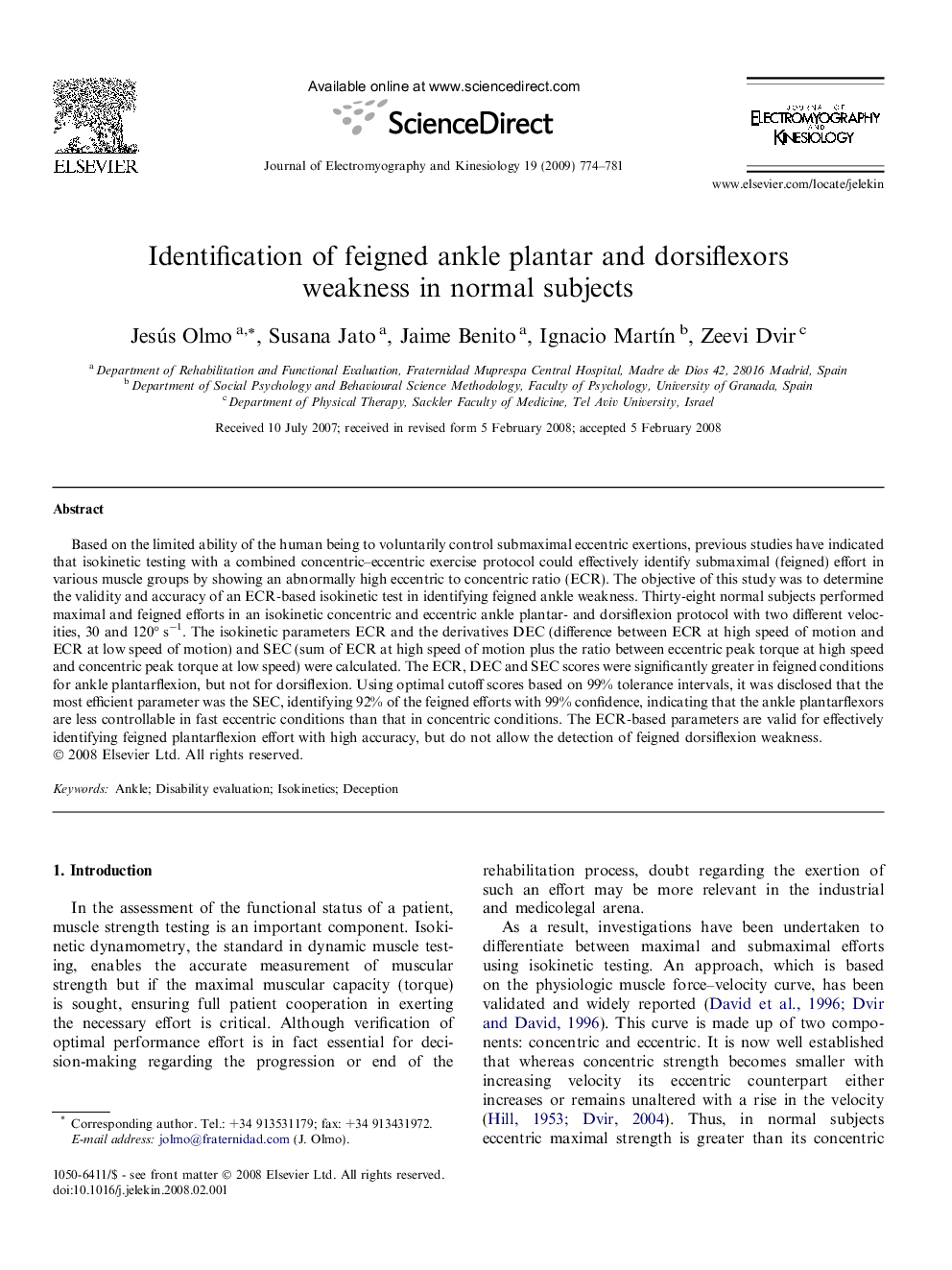 Identification of feigned ankle plantar and dorsiflexors weakness in normal subjects