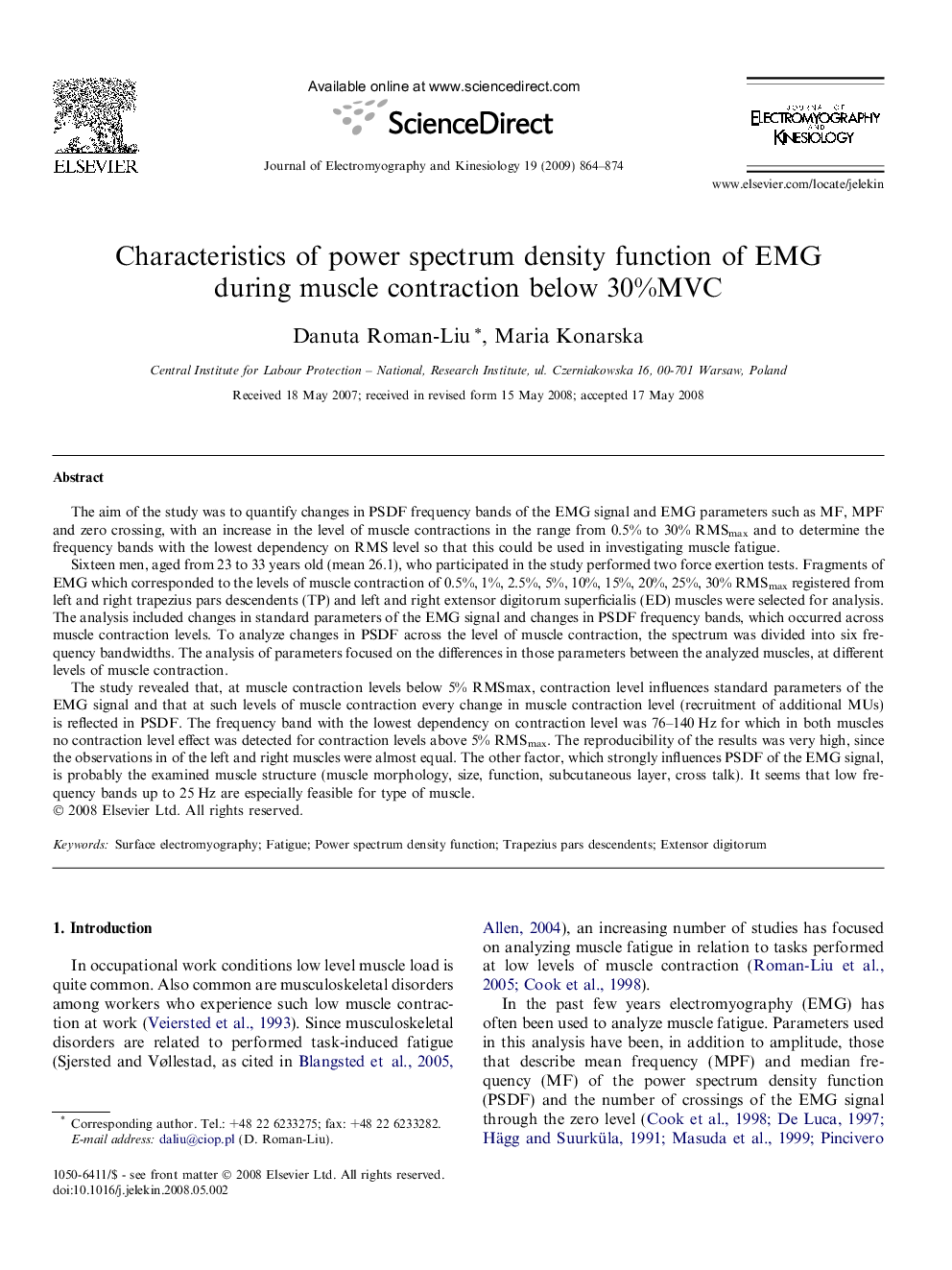 Characteristics of power spectrum density function of EMG during muscle contraction below 30%MVC