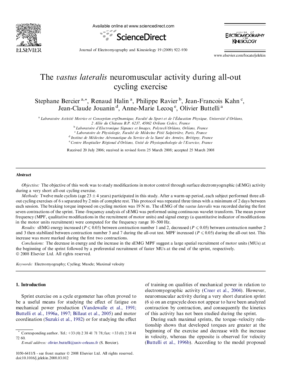 The vastus lateralis neuromuscular activity during all-out cycling exercise