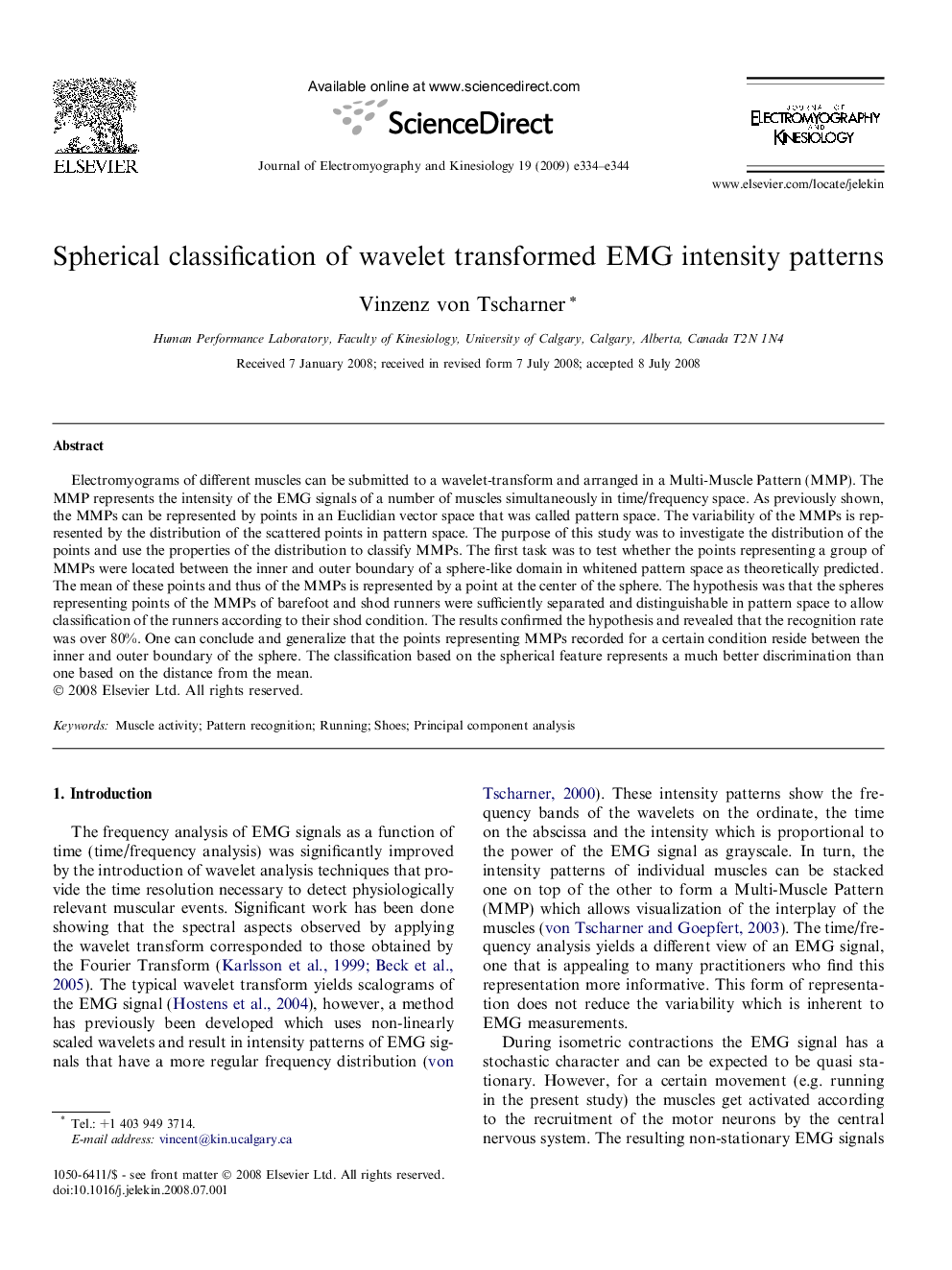 Spherical classification of wavelet transformed EMG intensity patterns