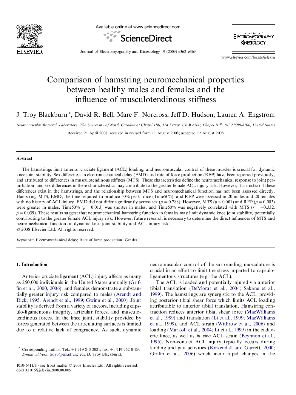 Comparison of hamstring neuromechanical properties between healthy males and females and the influence of musculotendinous stiffness