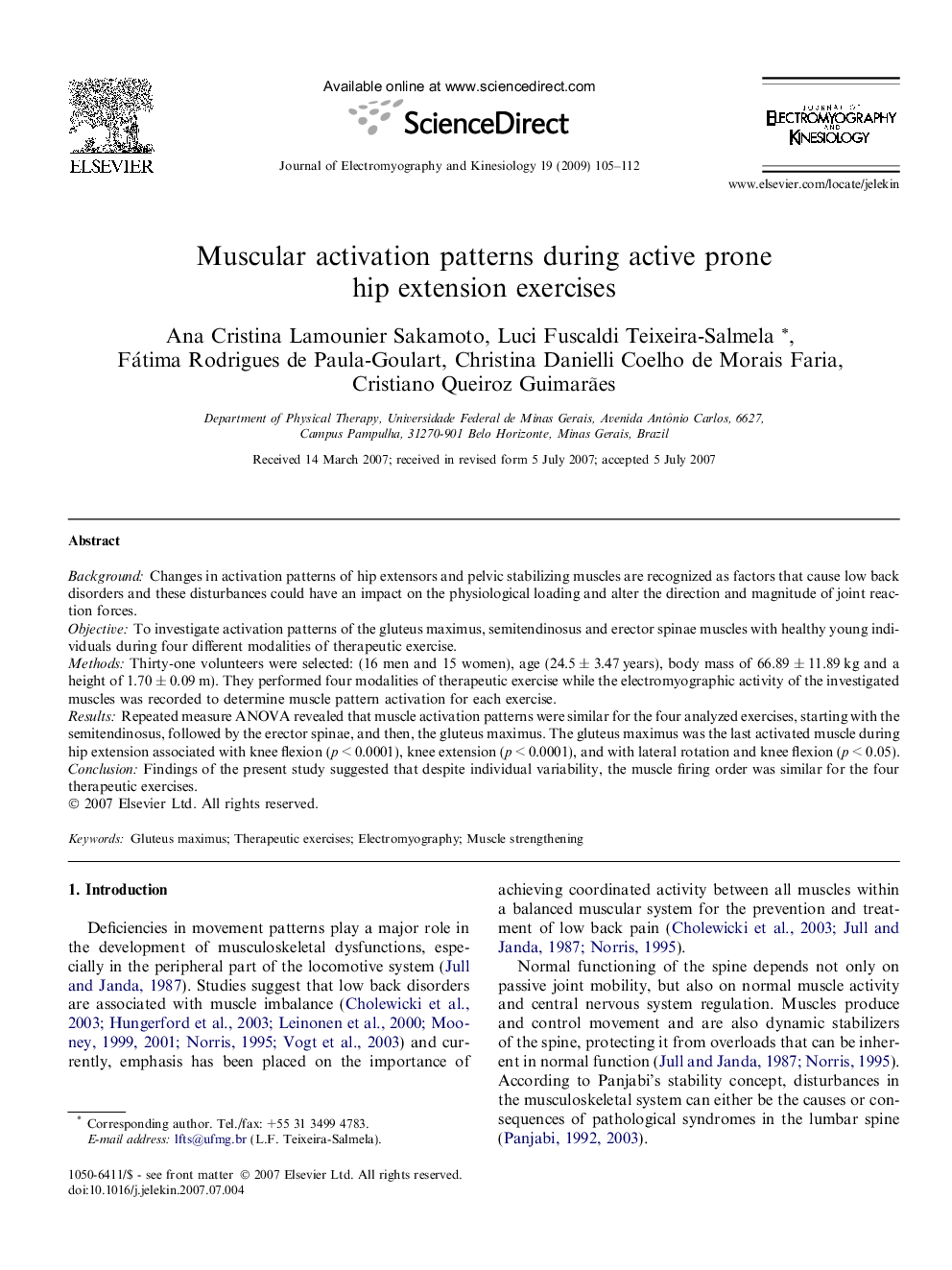 Muscular activation patterns during active prone hip extension exercises