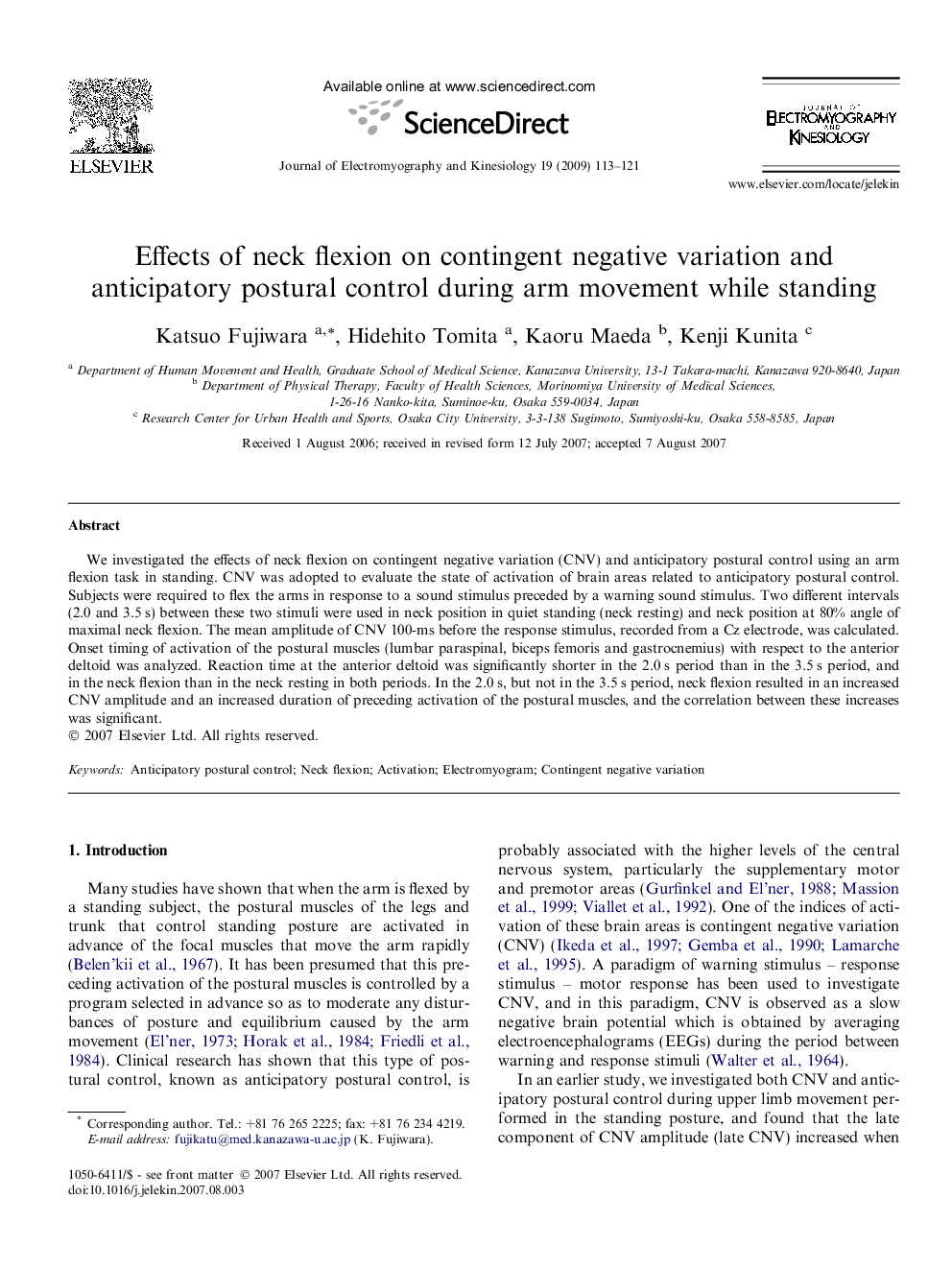 Effects of neck flexion on contingent negative variation and anticipatory postural control during arm movement while standing