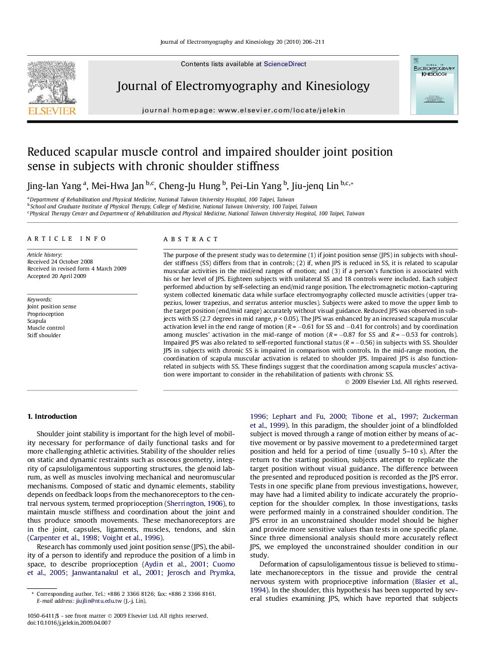 Reduced scapular muscle control and impaired shoulder joint position sense in subjects with chronic shoulder stiffness