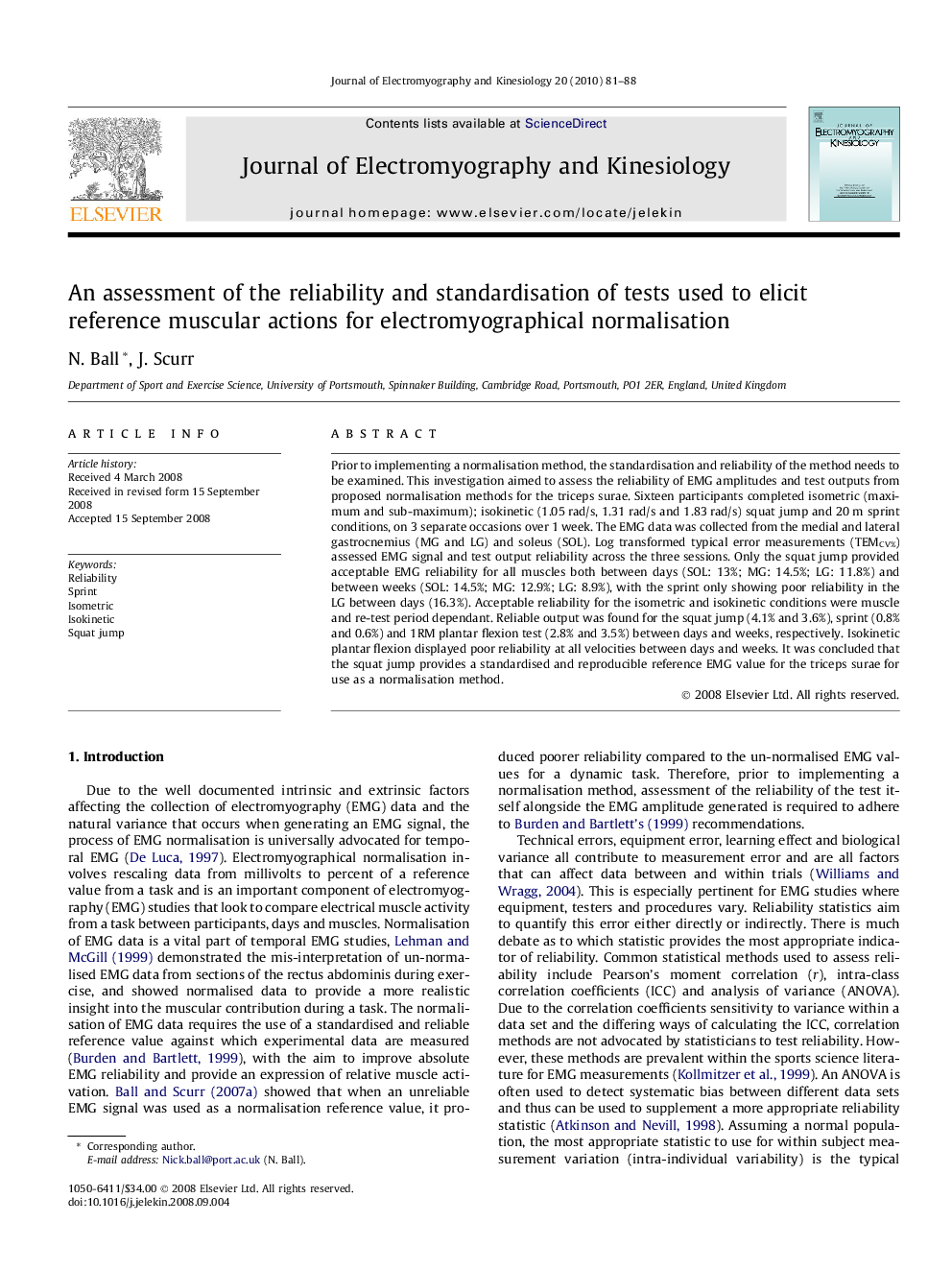 An assessment of the reliability and standardisation of tests used to elicit reference muscular actions for electromyographical normalisation