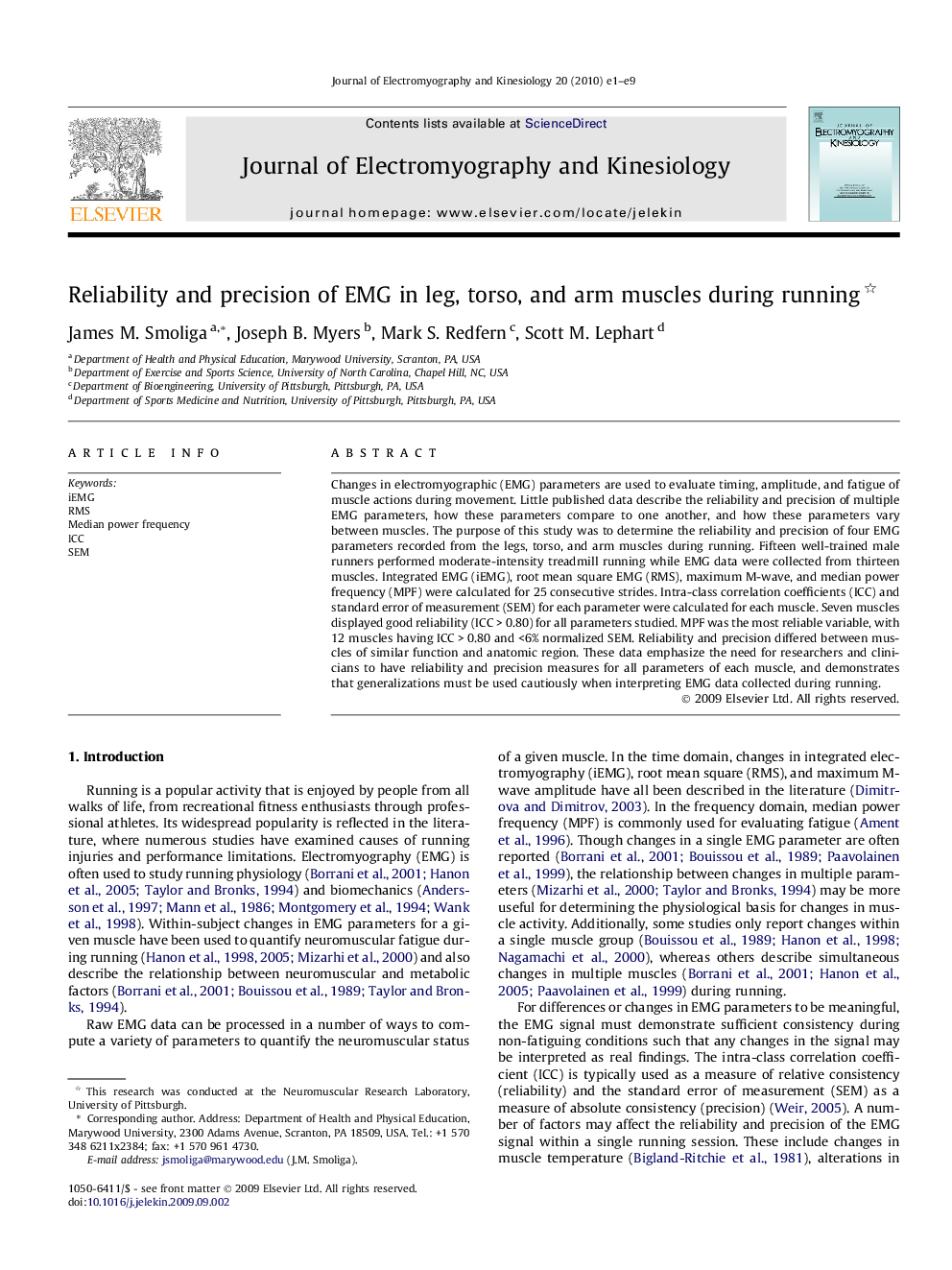 Reliability and precision of EMG in leg, torso, and arm muscles during running 