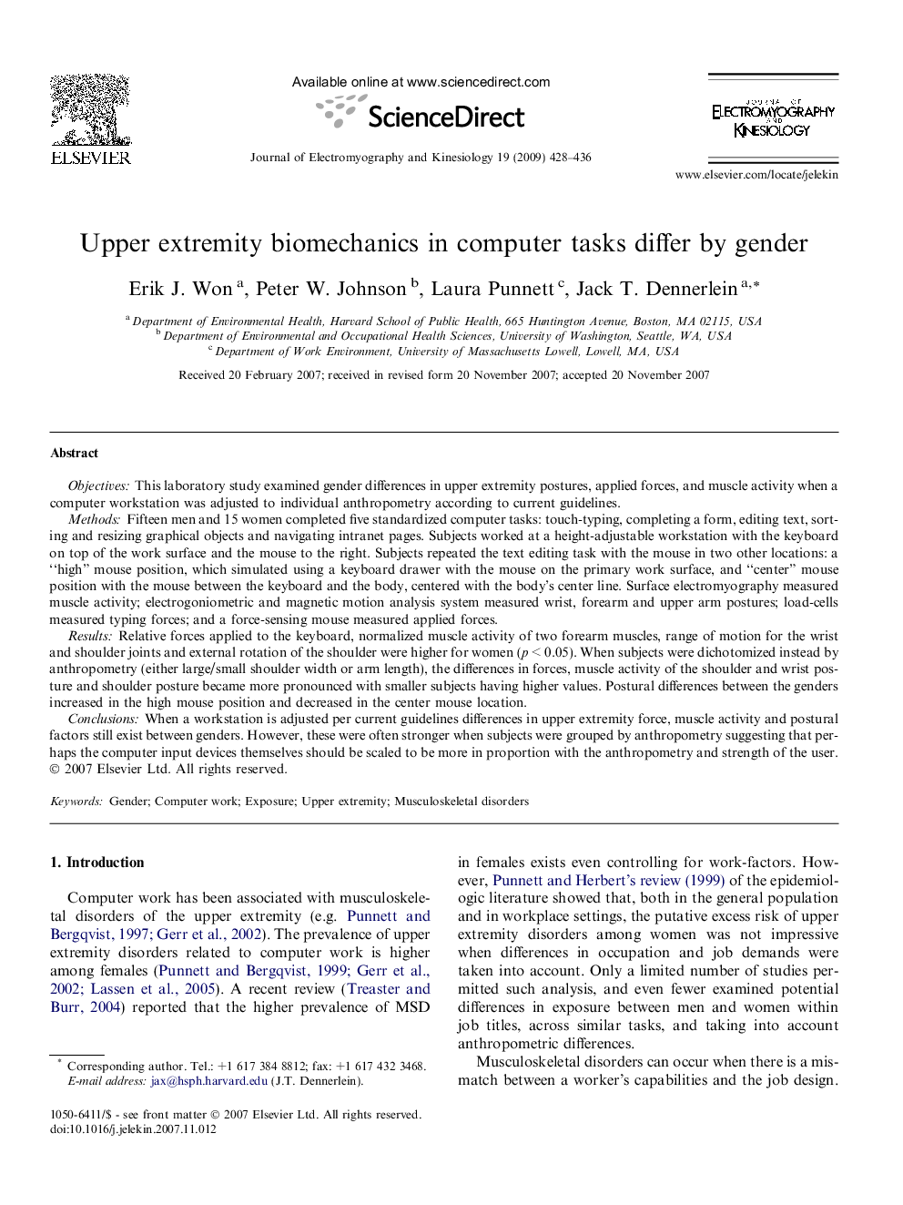 Upper extremity biomechanics in computer tasks differ by gender