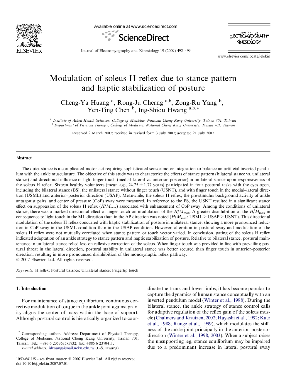 Modulation of soleus H reflex due to stance pattern and haptic stabilization of posture