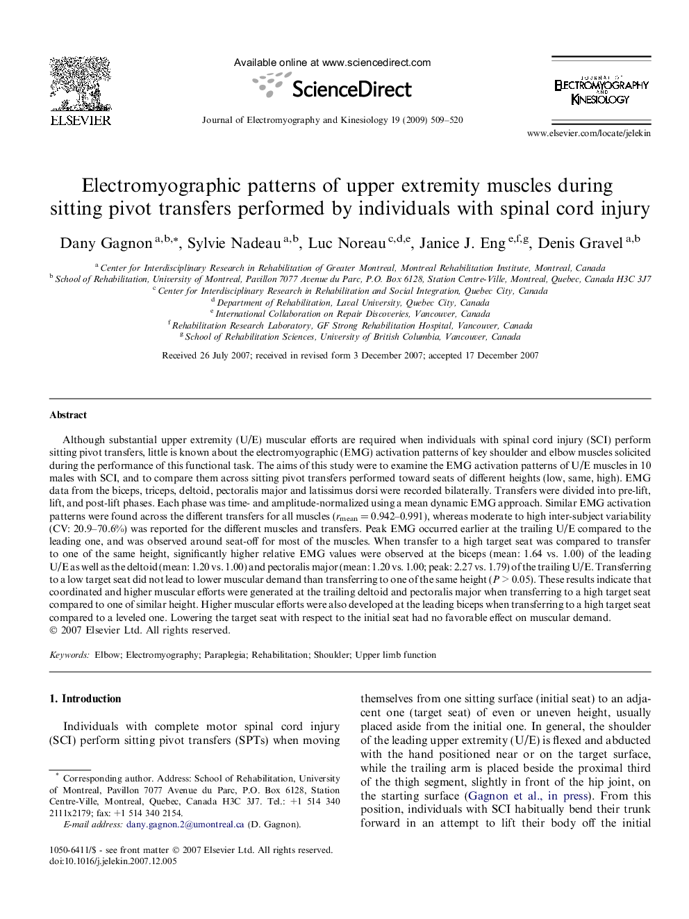 Electromyographic patterns of upper extremity muscles during sitting pivot transfers performed by individuals with spinal cord injury