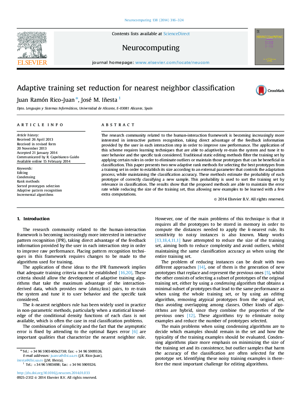 Adaptive training set reduction for nearest neighbor classification