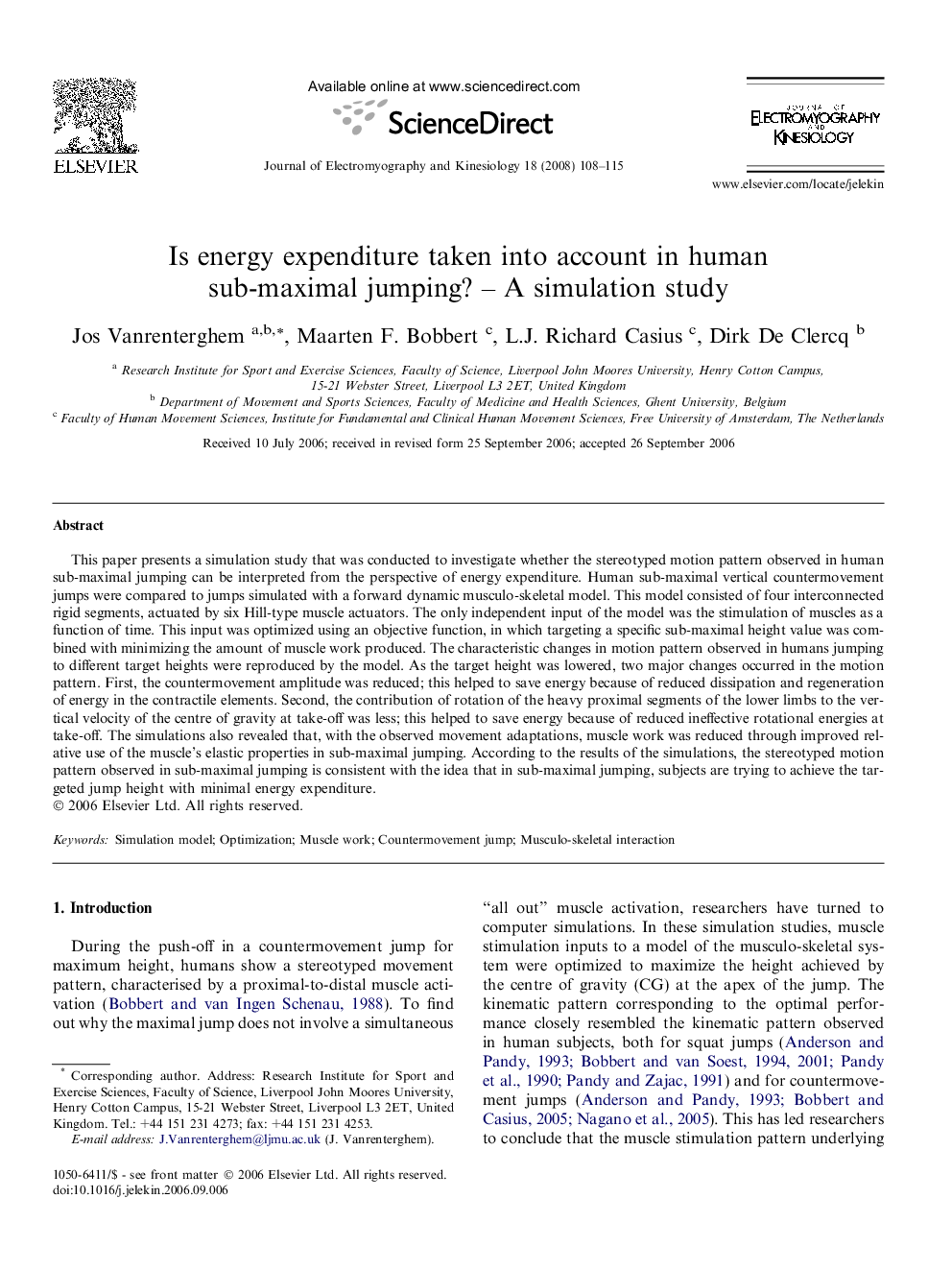 Is energy expenditure taken into account in human sub-maximal jumping? – A simulation study