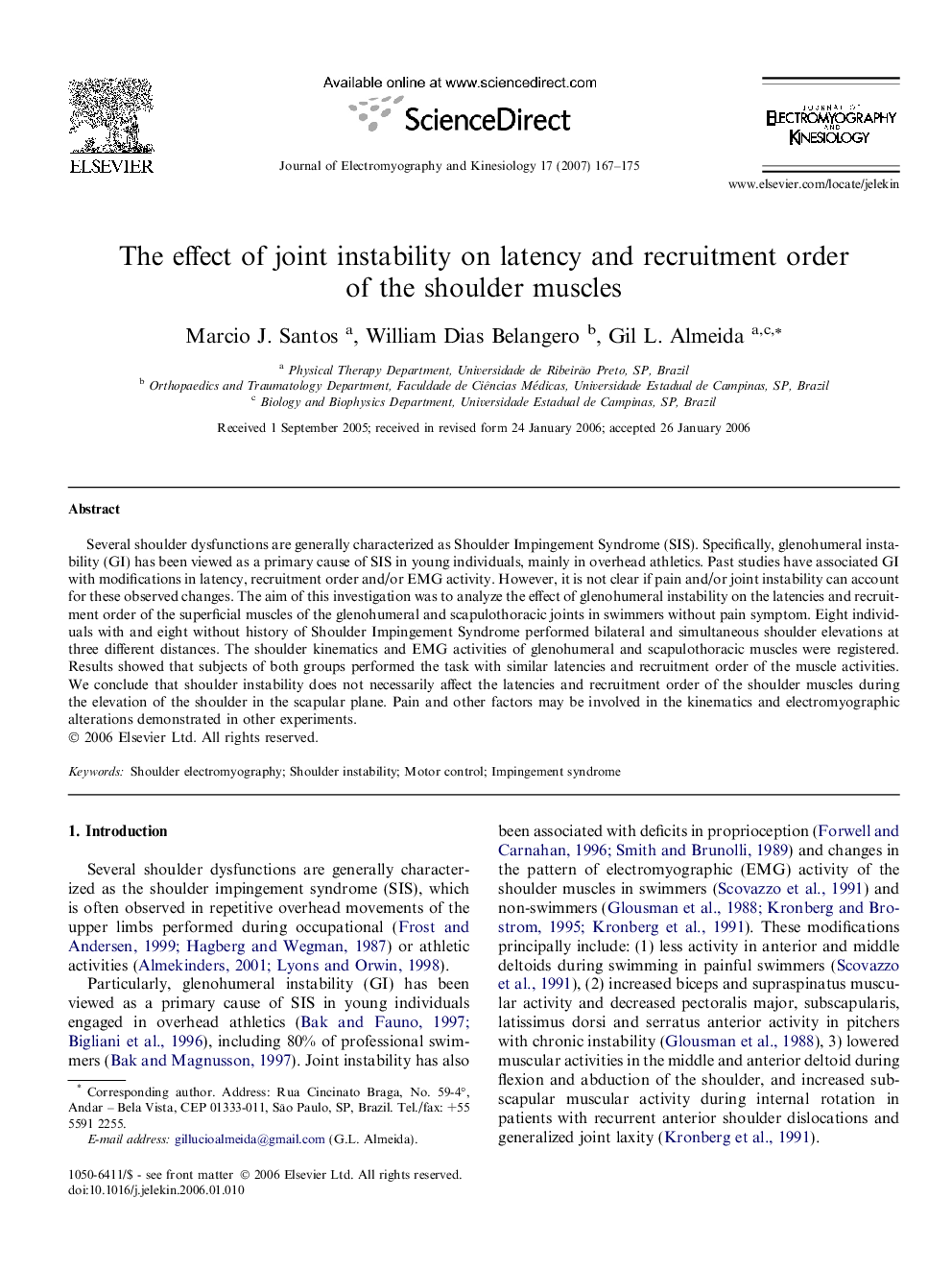 The effect of joint instability on latency and recruitment order of the shoulder muscles