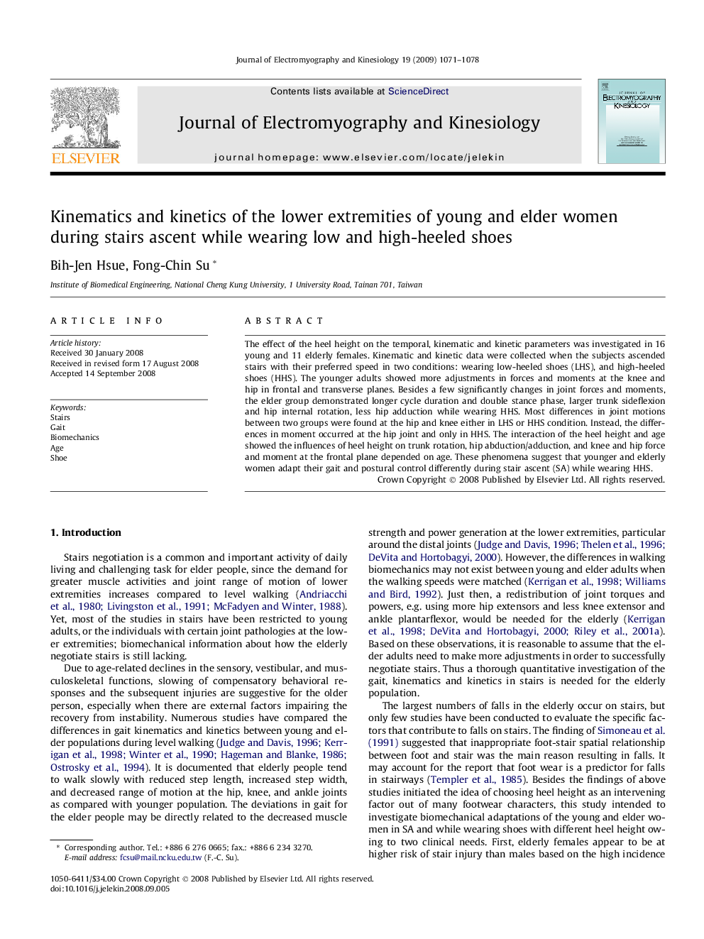 Kinematics and kinetics of the lower extremities of young and elder women during stairs ascent while wearing low and high-heeled shoes