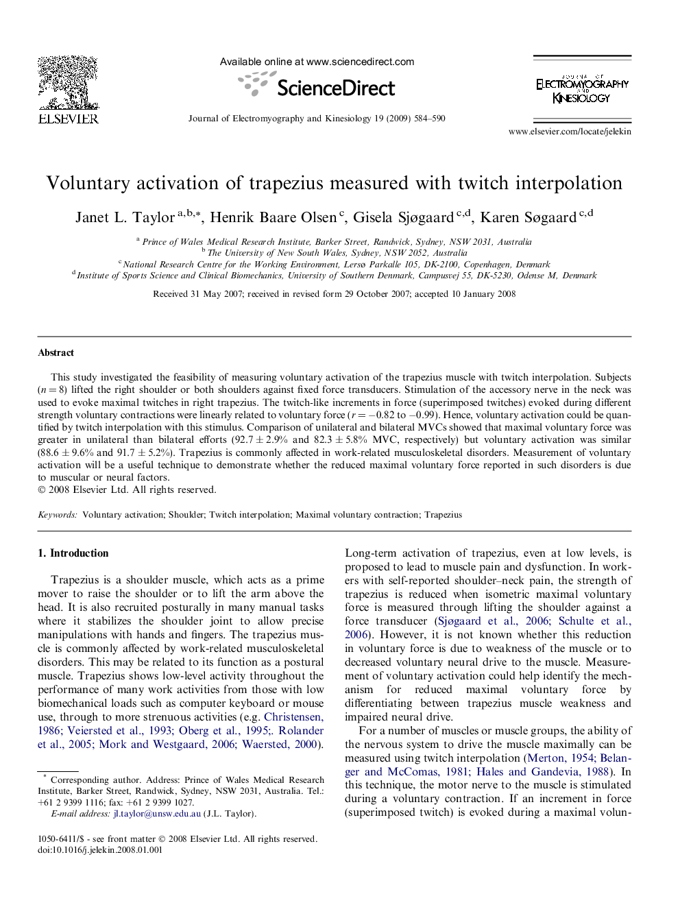 Voluntary activation of trapezius measured with twitch interpolation